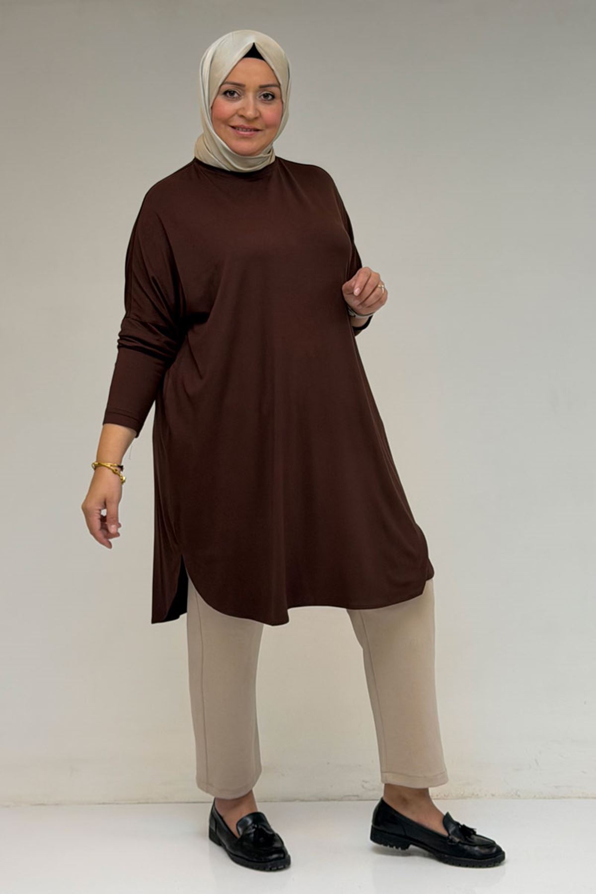 26Y38111 - KAHVE - Büyük Beden Basic Penye Tunik