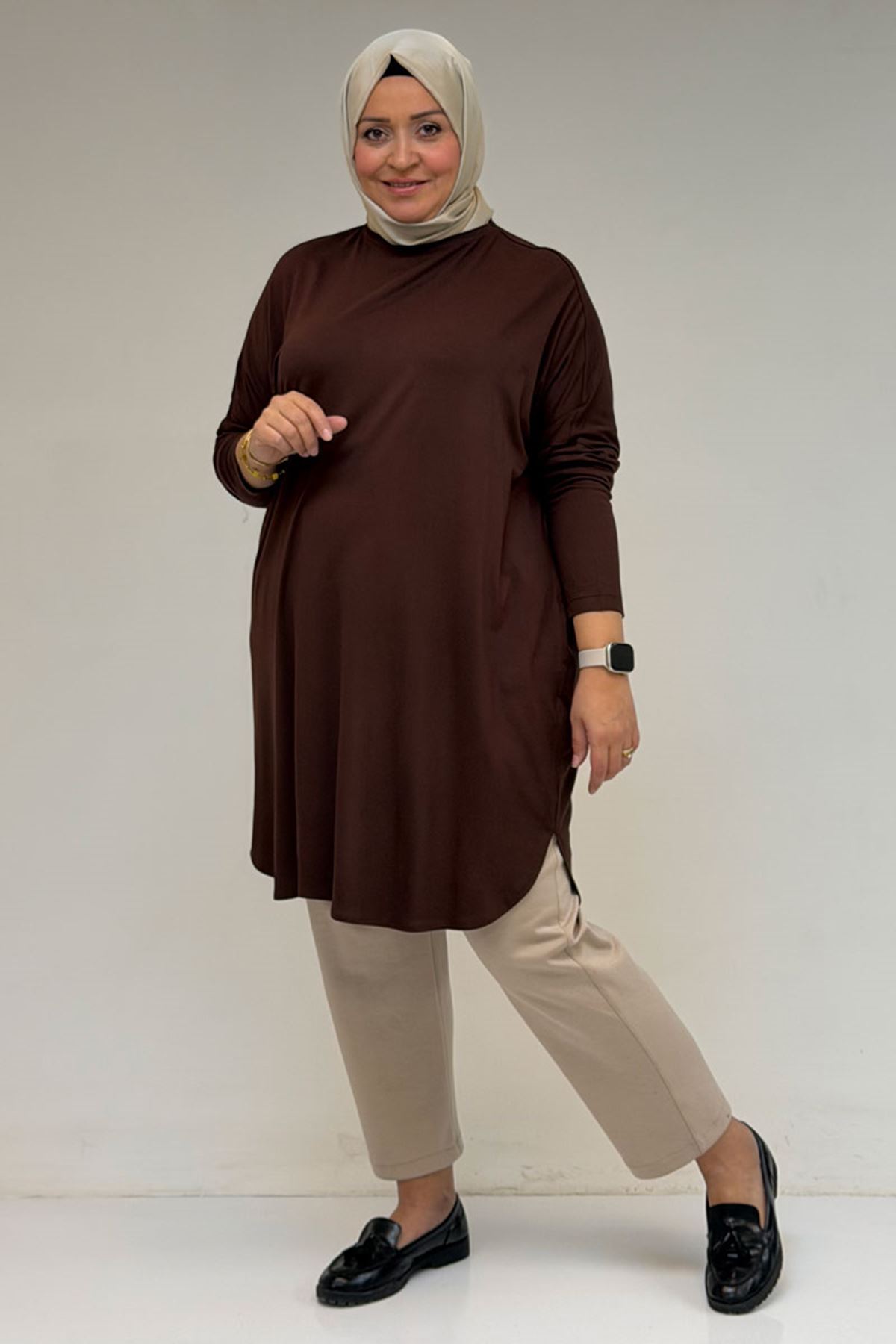 26Y38111 - KAHVE - Büyük Beden Basic Penye Tunik