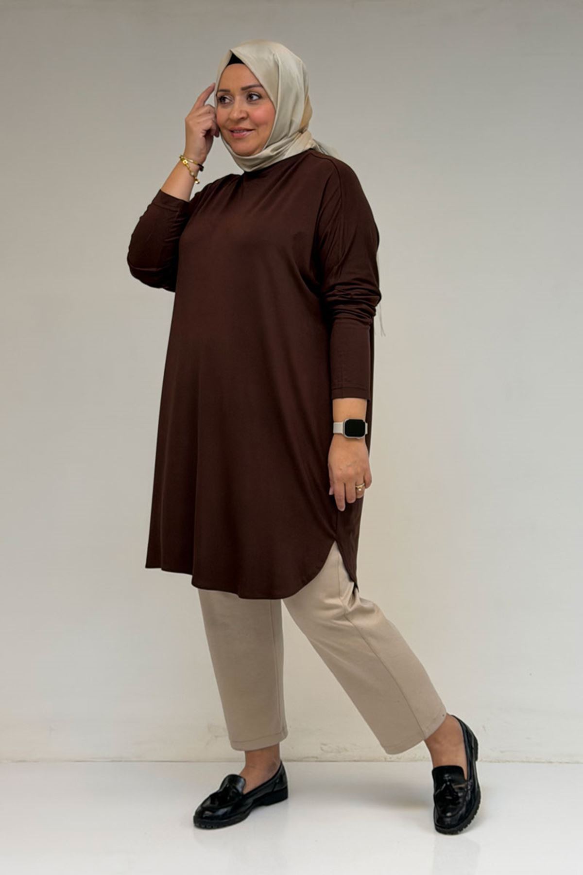 26Y38111 - KAHVE - Büyük Beden Basic Penye Tunik