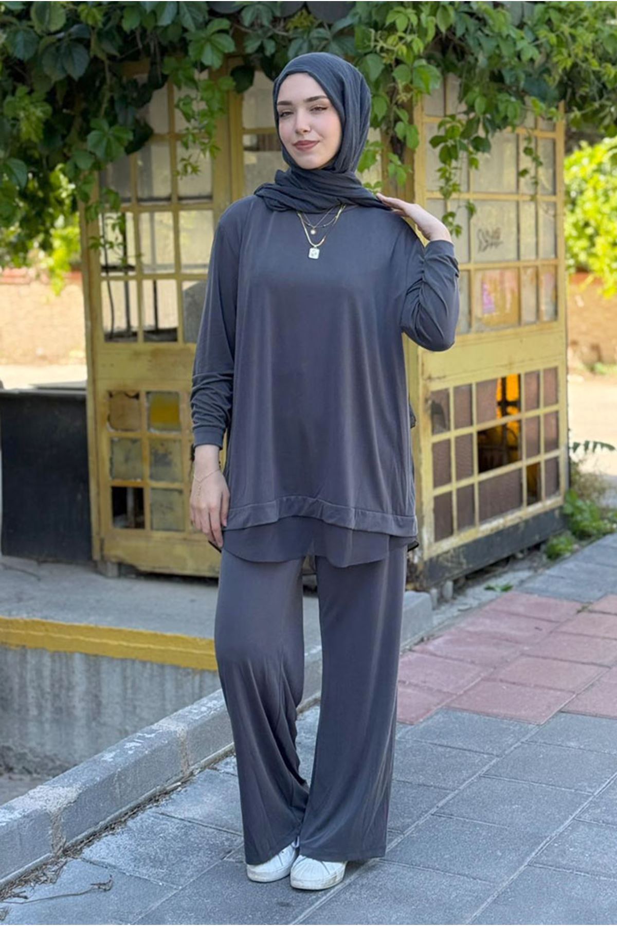 26Y6672 - ANTRASİT - TÜL DETAYLI TUNİKLİ TAKIM