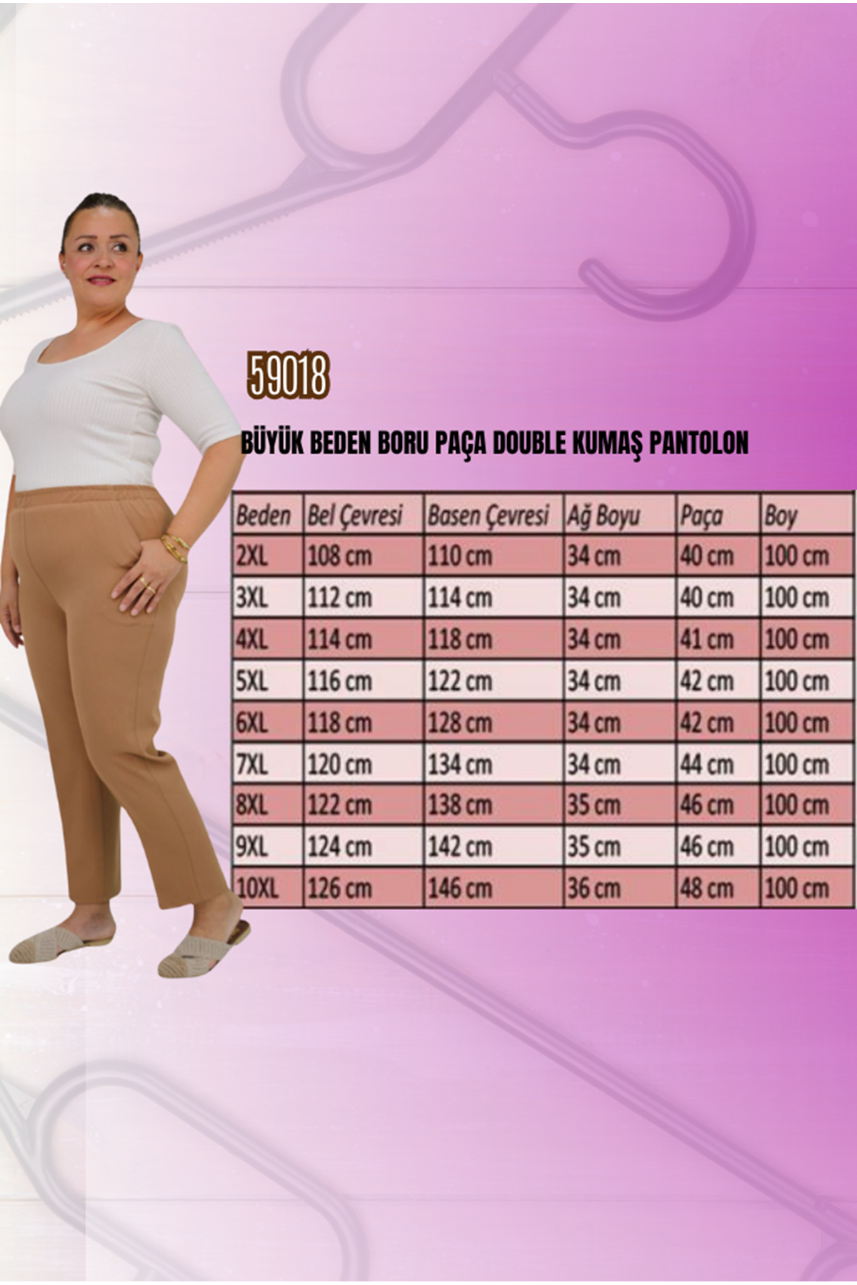 29020 Büyük Beden Beli Lastikli Boru Paça Pantolon - Ekru