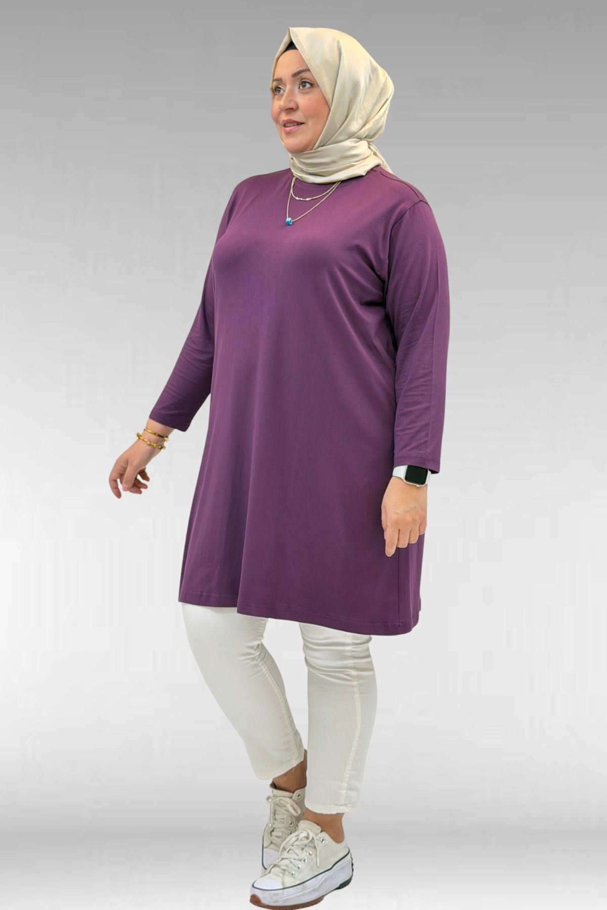 38501 Büyük Beden Basic Penye Tunik - Mürdüm