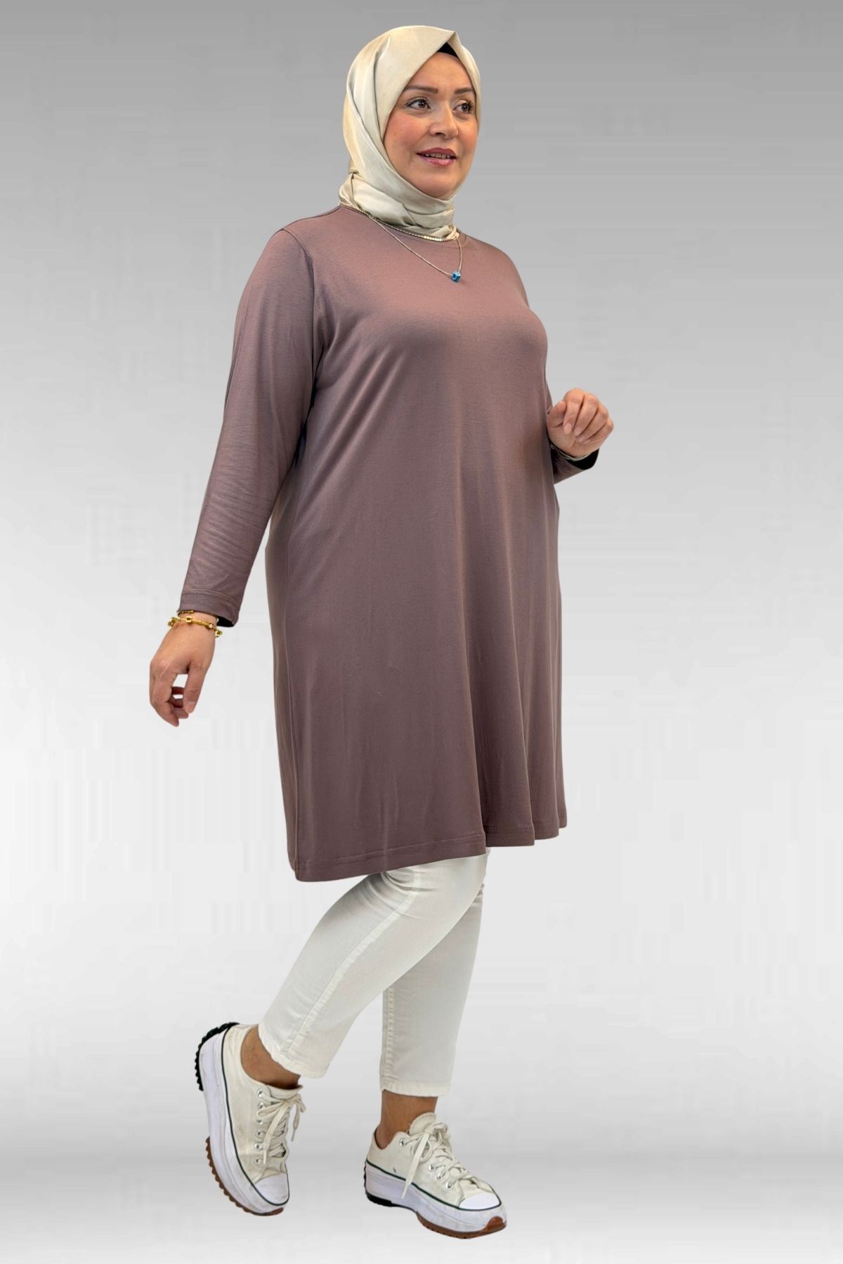 38501 Büyük Beden Basic Penye Tunik - Vizon