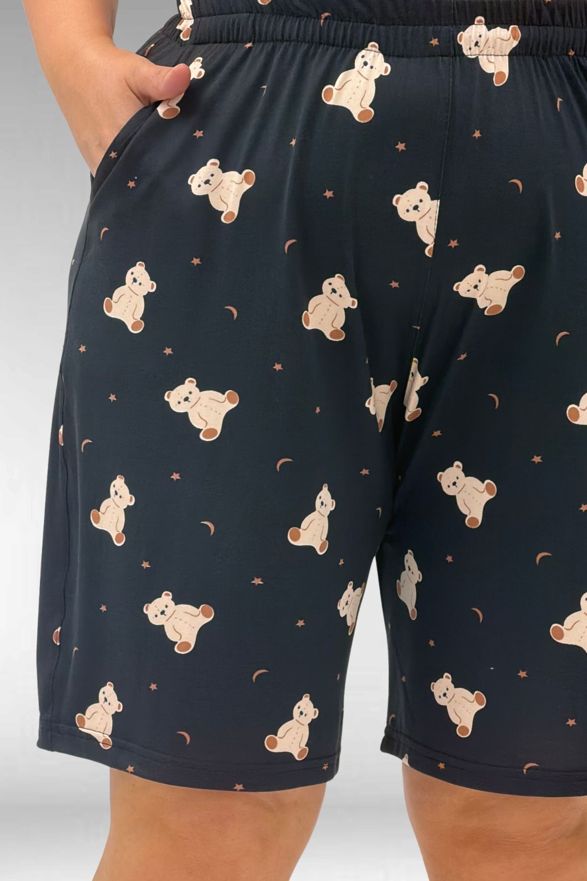 67805 Büyük Beden Desenli Şort-Tişört Pijama Takımı - Ayıcık Desenli