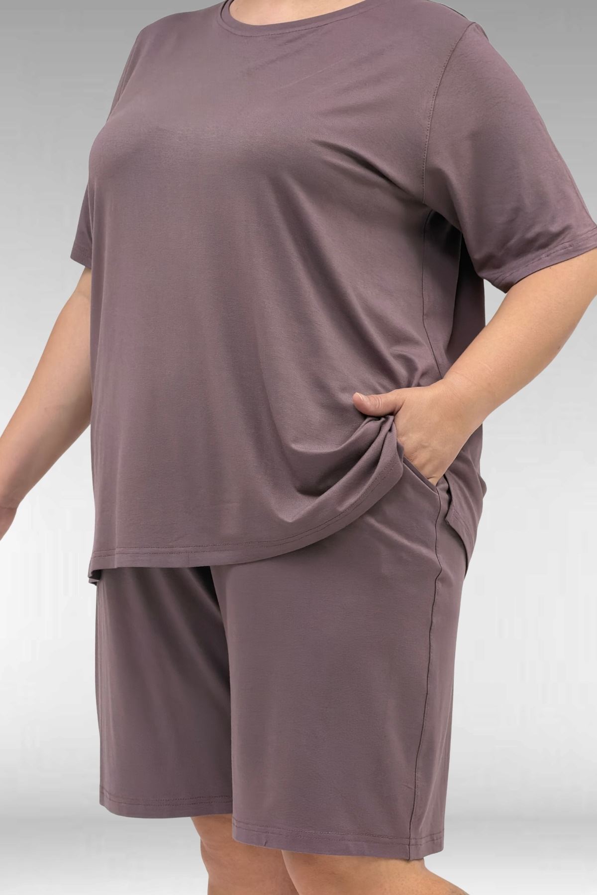 67806 Büyük Beden Şort -Tişört Penye Pijama Takımı - Vizon