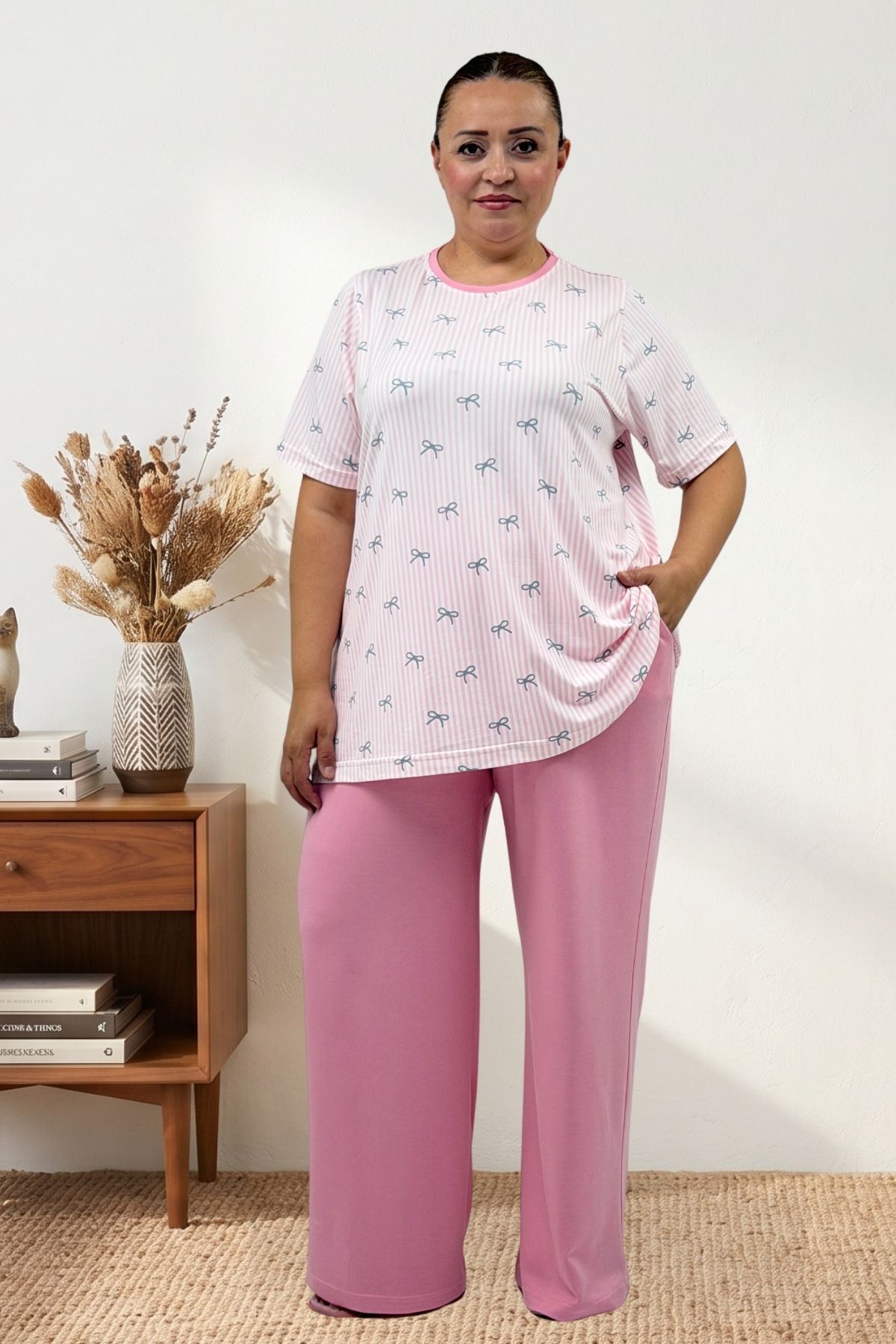 67809 Büyük Beden Üstü Desenli Kombinli Milan-Modal Pijama Takımı - Antrasit Kurdele Desenli