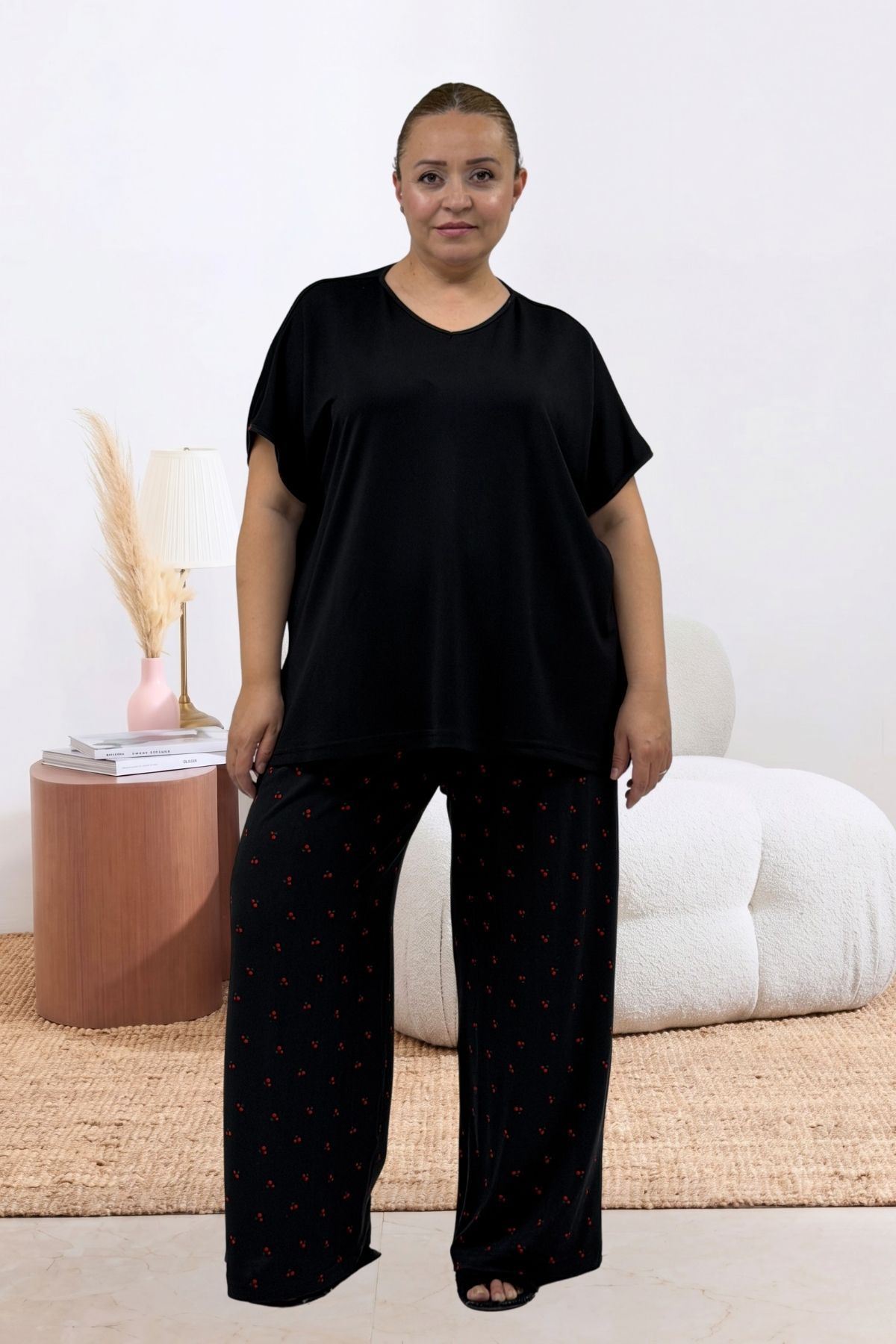 67808 Büyük Beden Kombinli Modal -Milan Pijama Takımı - Kiraz Desenli