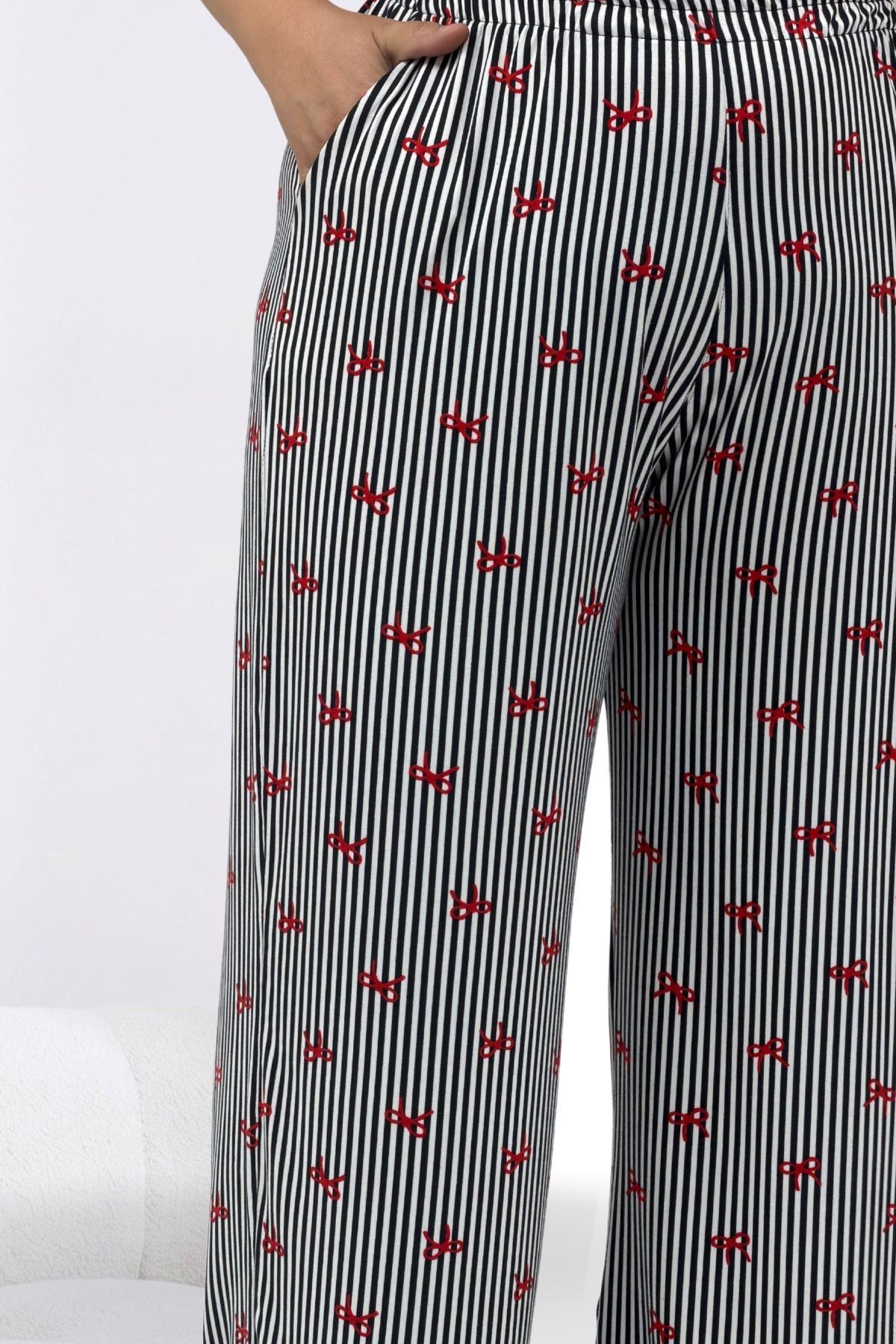 67808 Büyük Beden Kombinli Modal -Milan Pijama Takımı - Kırmızı Kurdele Desenli