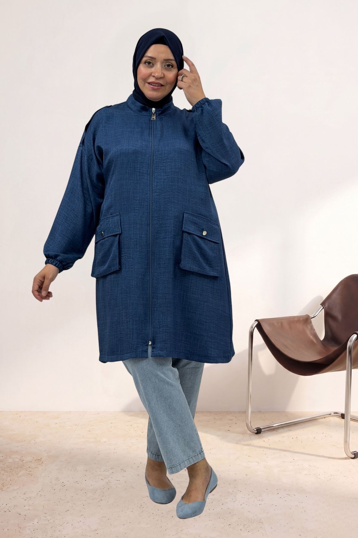 63014 Büyük Beden Omzu Apolet Detaylı Melanj Keten Kap - İndigo