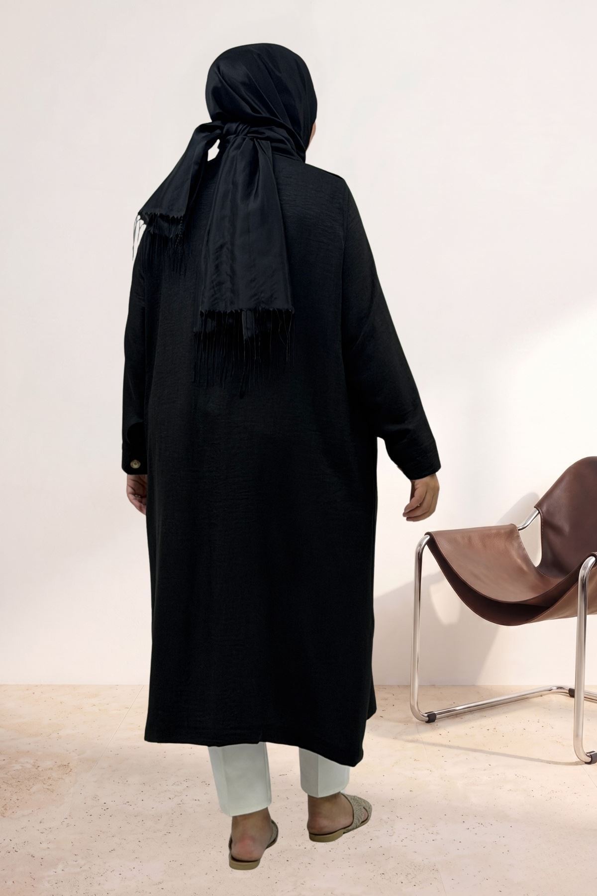 63010 Büyük Beden Boydan Düğmeli Melanj Keten Trençkot - Siyah