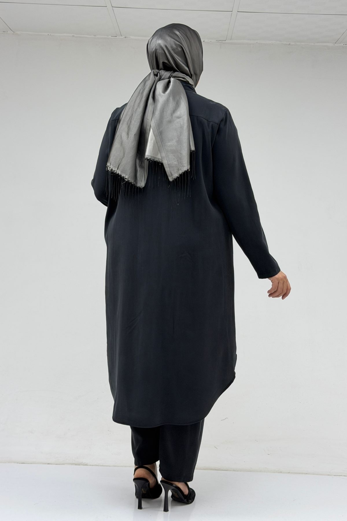 67059 Büyük Beden Boydan Düğmeli Cupra Pantolonlu Takım - Siyah