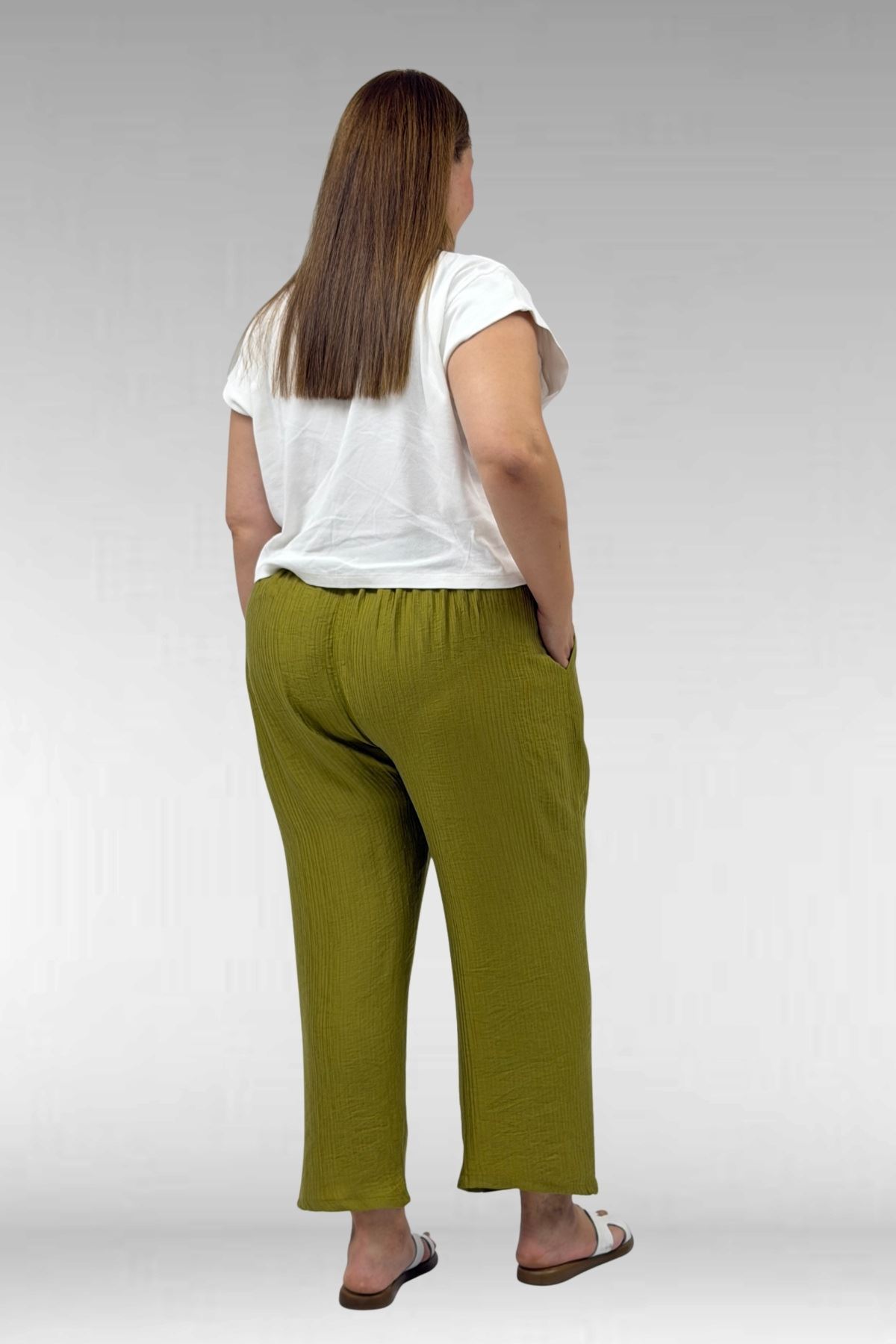 69014 Büyük Beden Beli Lastikli Cepli Double Tensel Pantolon - Yağ Yeşili