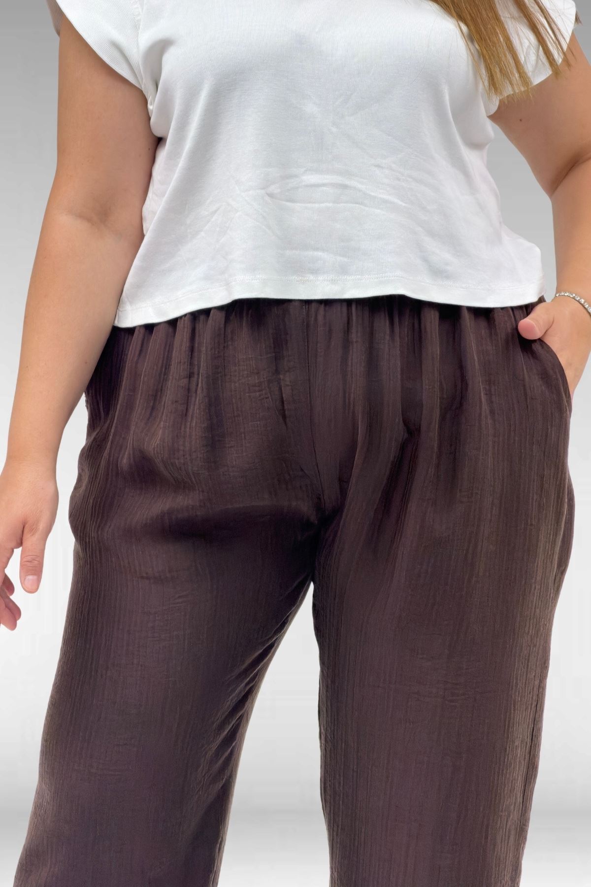 69014 Büyük Beden Beli Lastikli Cepli Double Tensel Pantolon - Kahve