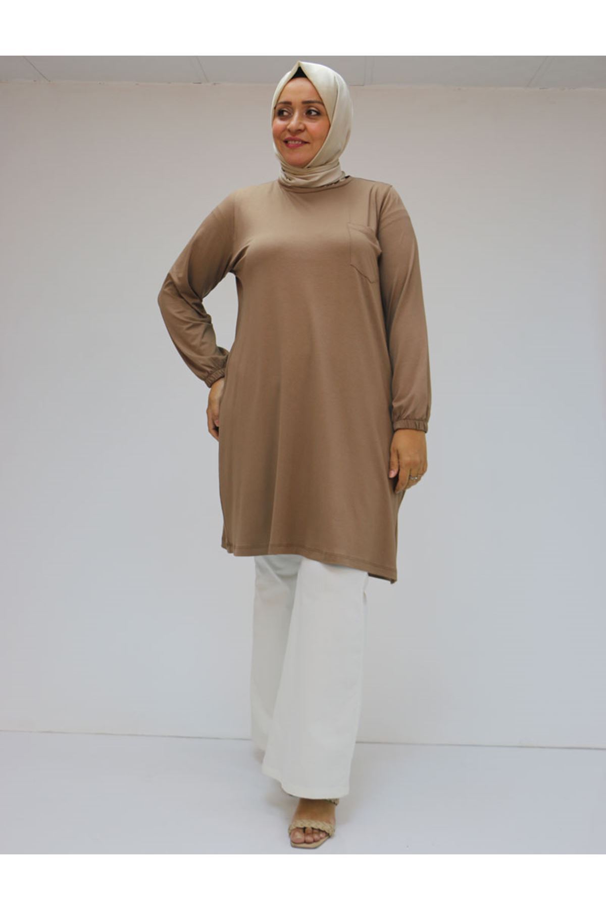 38014 Büyük Beden  Basic Penye Tunik - Vizon