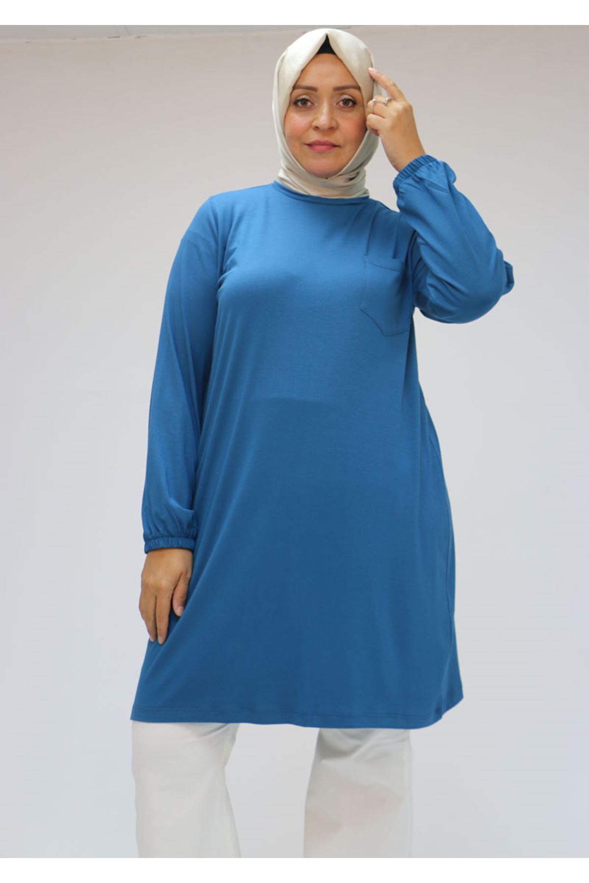 38014 Büyük Beden  Basic Penye Tunik - İndigo