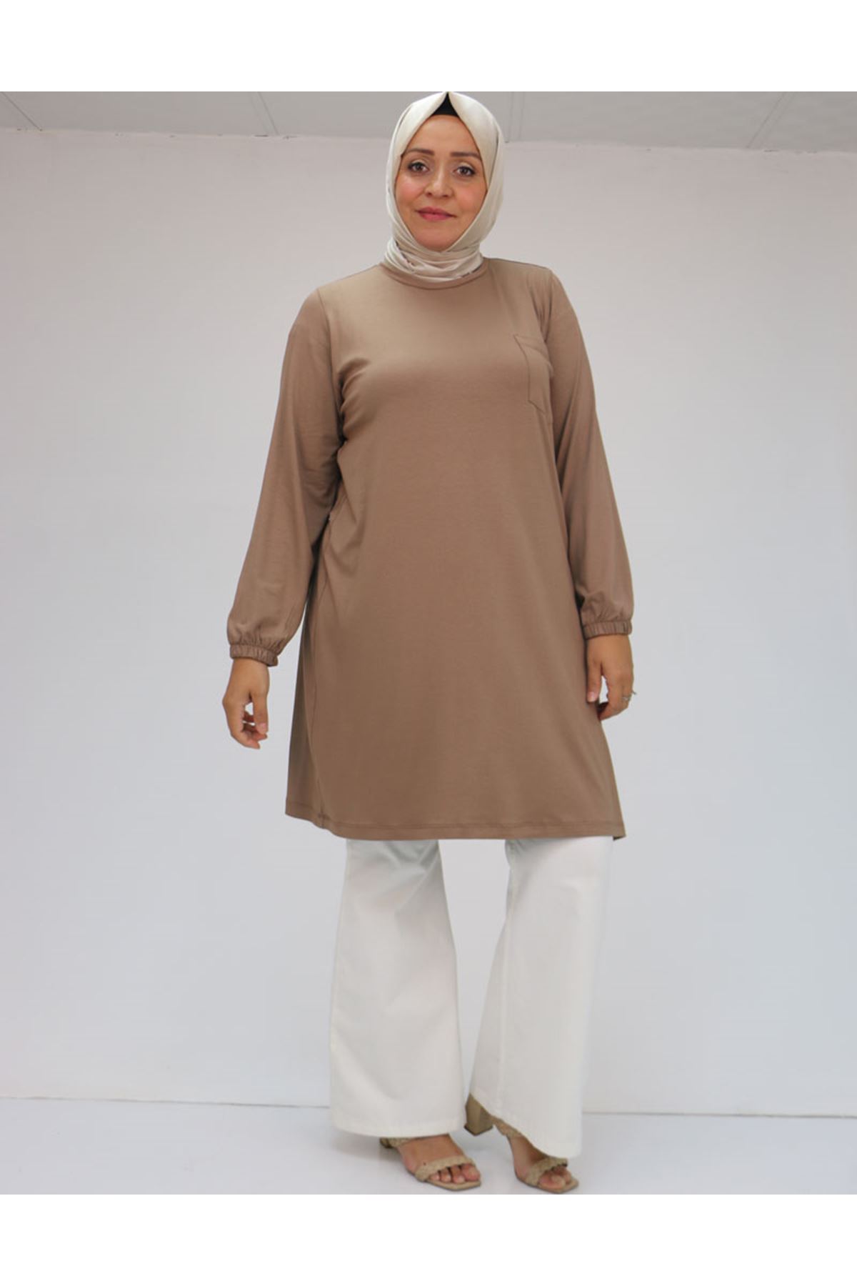 38014 Büyük Beden  Basic Penye Tunik - Vizon