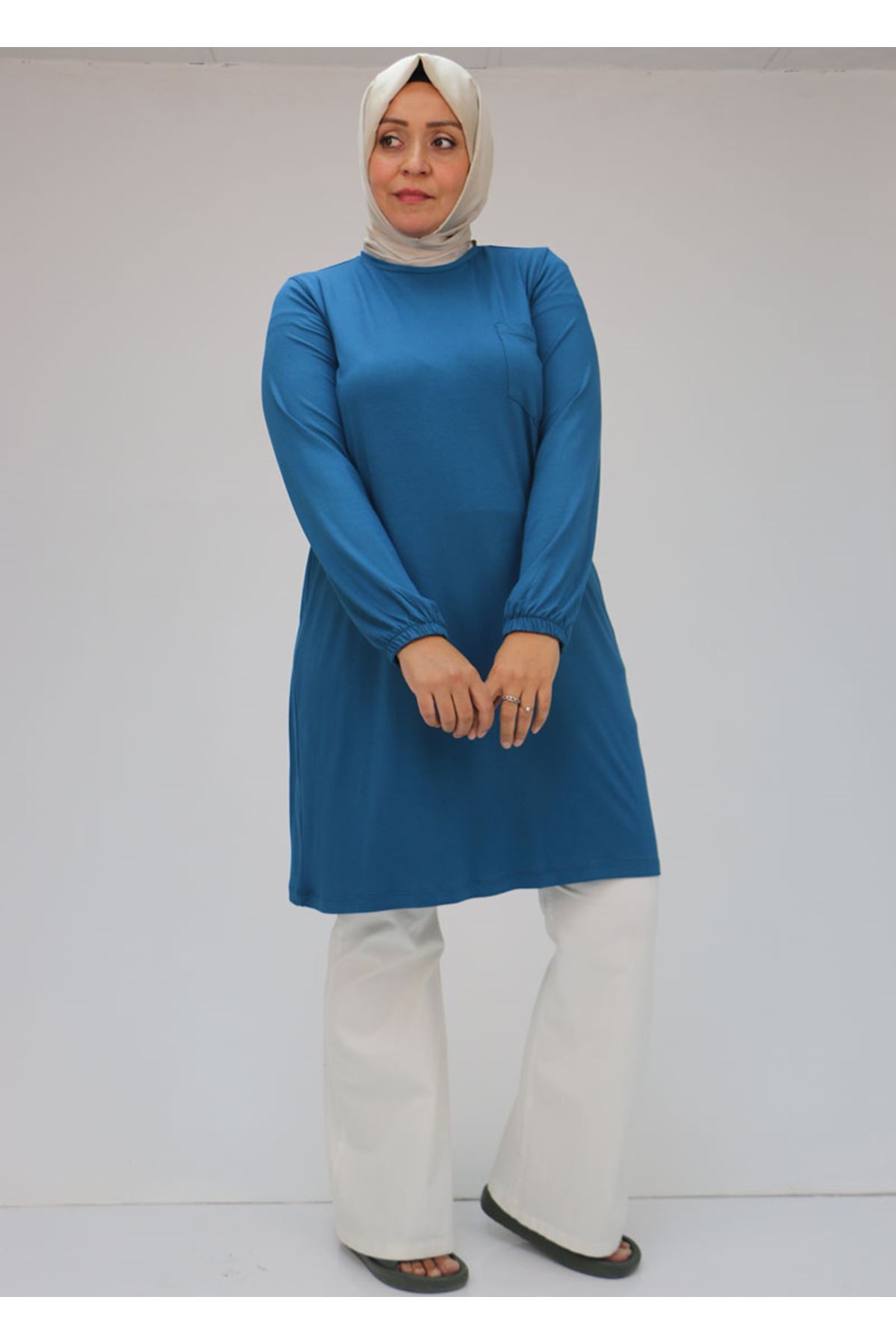 38014 Büyük Beden  Basic Penye Tunik - İndigo