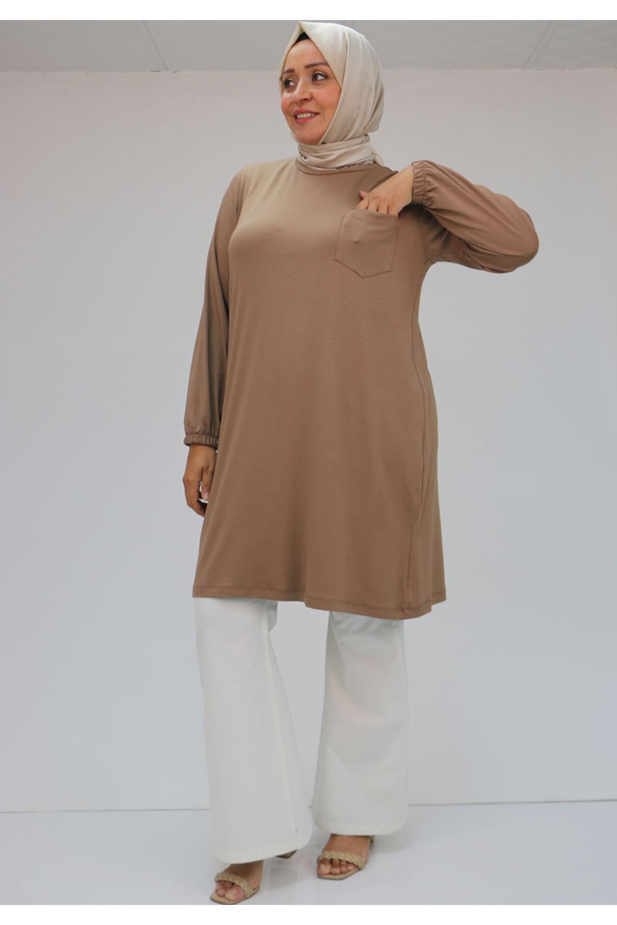 38014 Büyük Beden  Basic Penye Tunik - Vizon