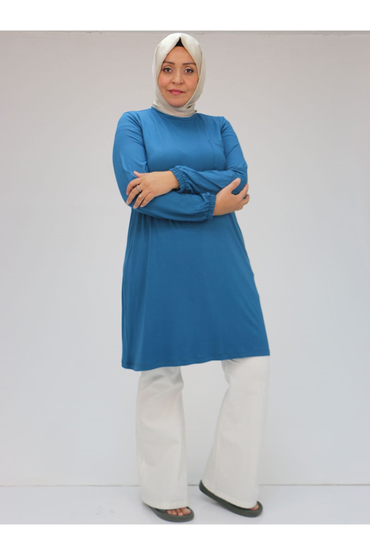 38014 Büyük Beden  Basic Penye Tunik - İndigo