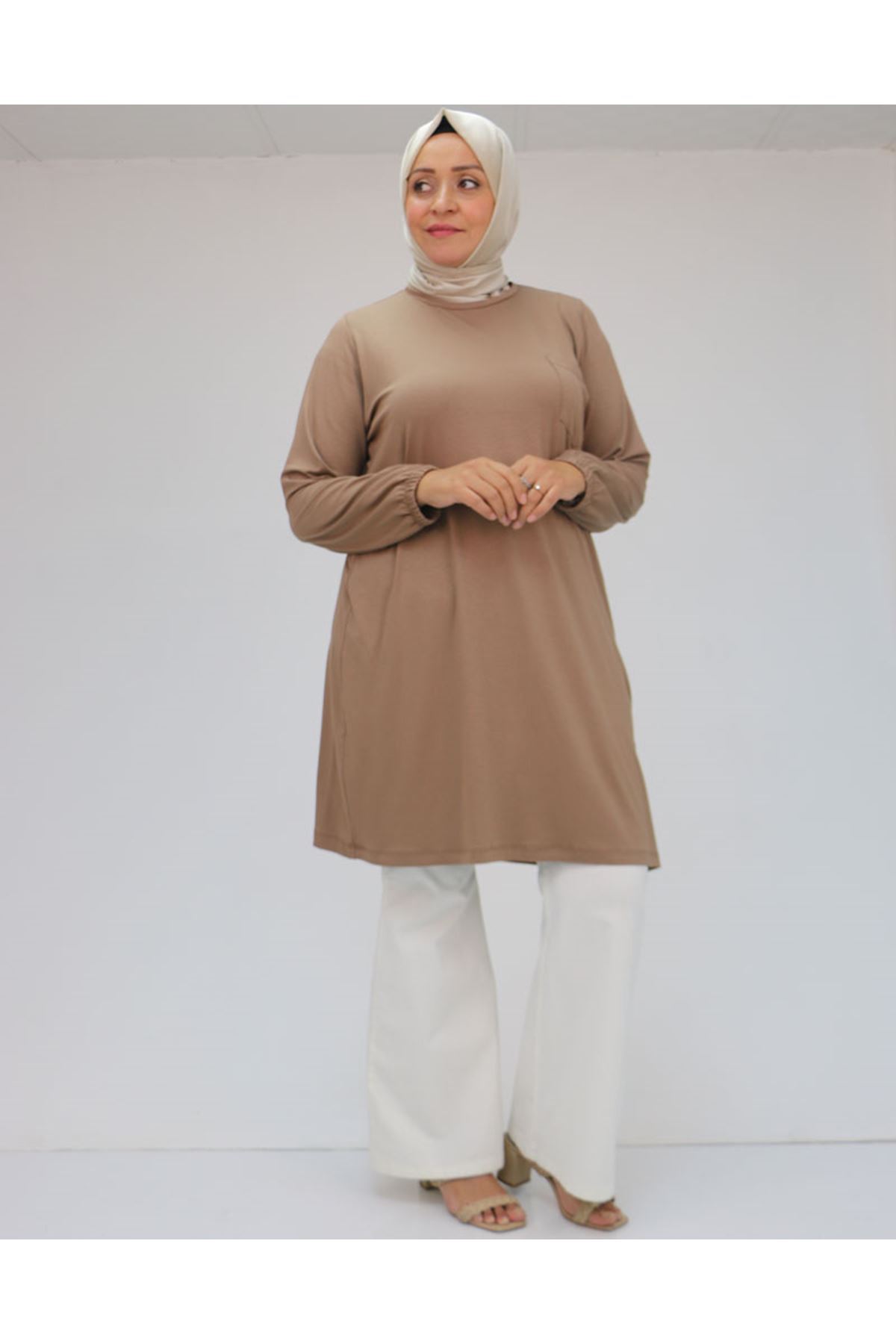 38014 Büyük Beden  Basic Penye Tunik - Vizon
