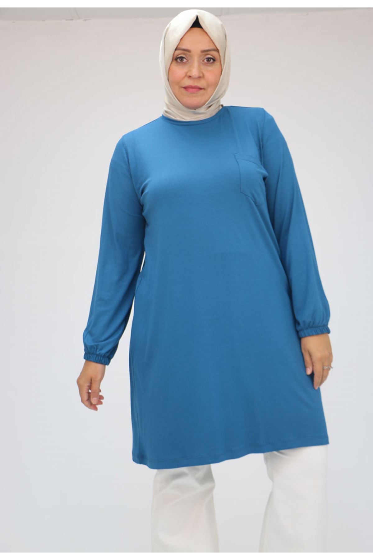 38014 Büyük Beden  Basic Penye Tunik - İndigo