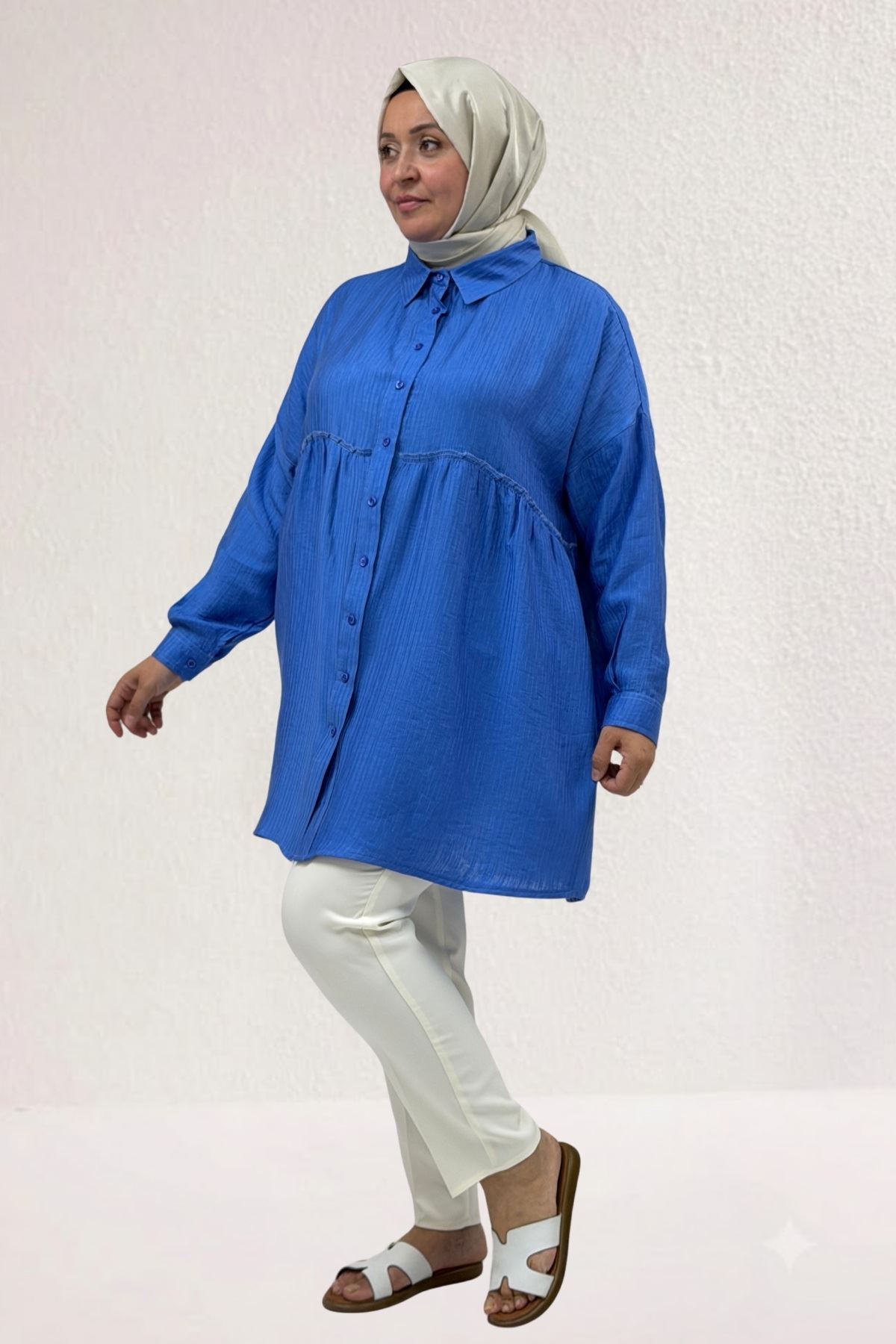 68069 Büyük Beden Büzgü Detaylı Double Tensel Tunik - İndigo