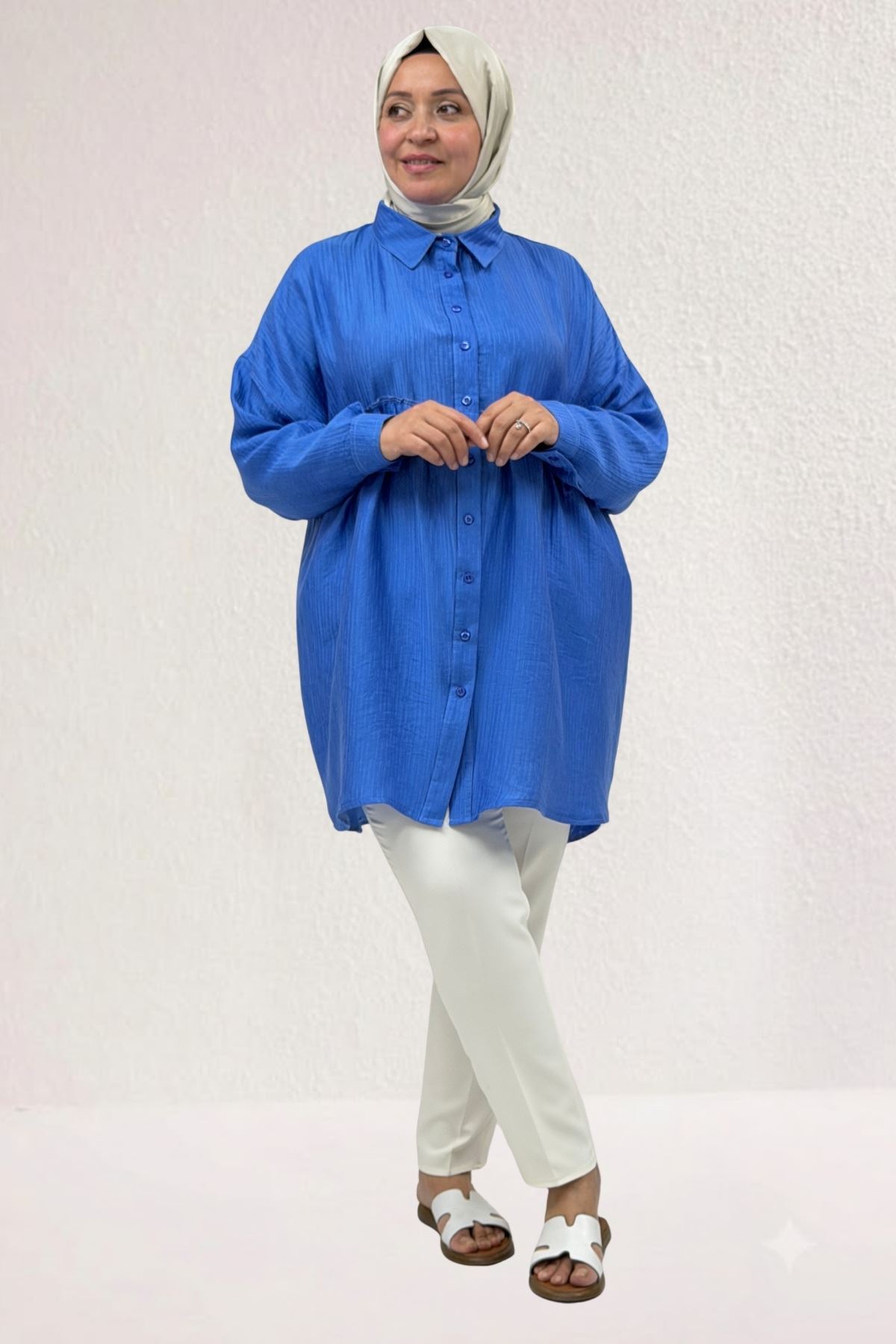 68069 Büyük Beden Büzgü Detaylı Double Tensel Tunik - İndigo