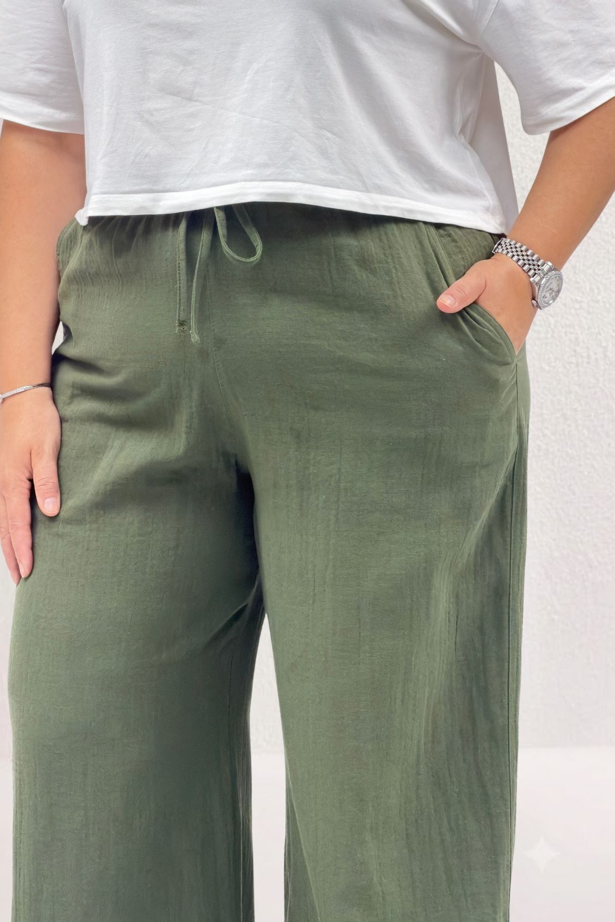 59021 Büyük Beden Beli Lastikli Müslim Bol Paça Pantolon - Haki