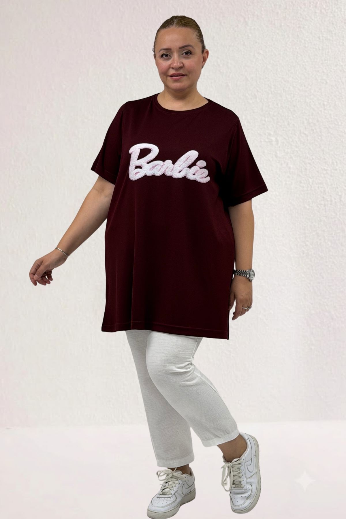 68509 Büyük Beden Önü Baskılı Biyeli İnce Modal Tişört - Bordo
