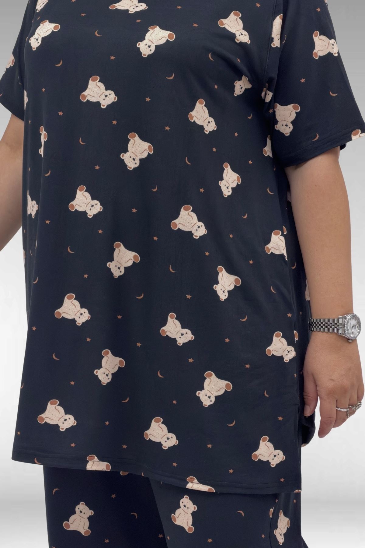 67801 Büyük Beden Kısakol Desenli  Pijama Takımı - Ayıcık Desenli