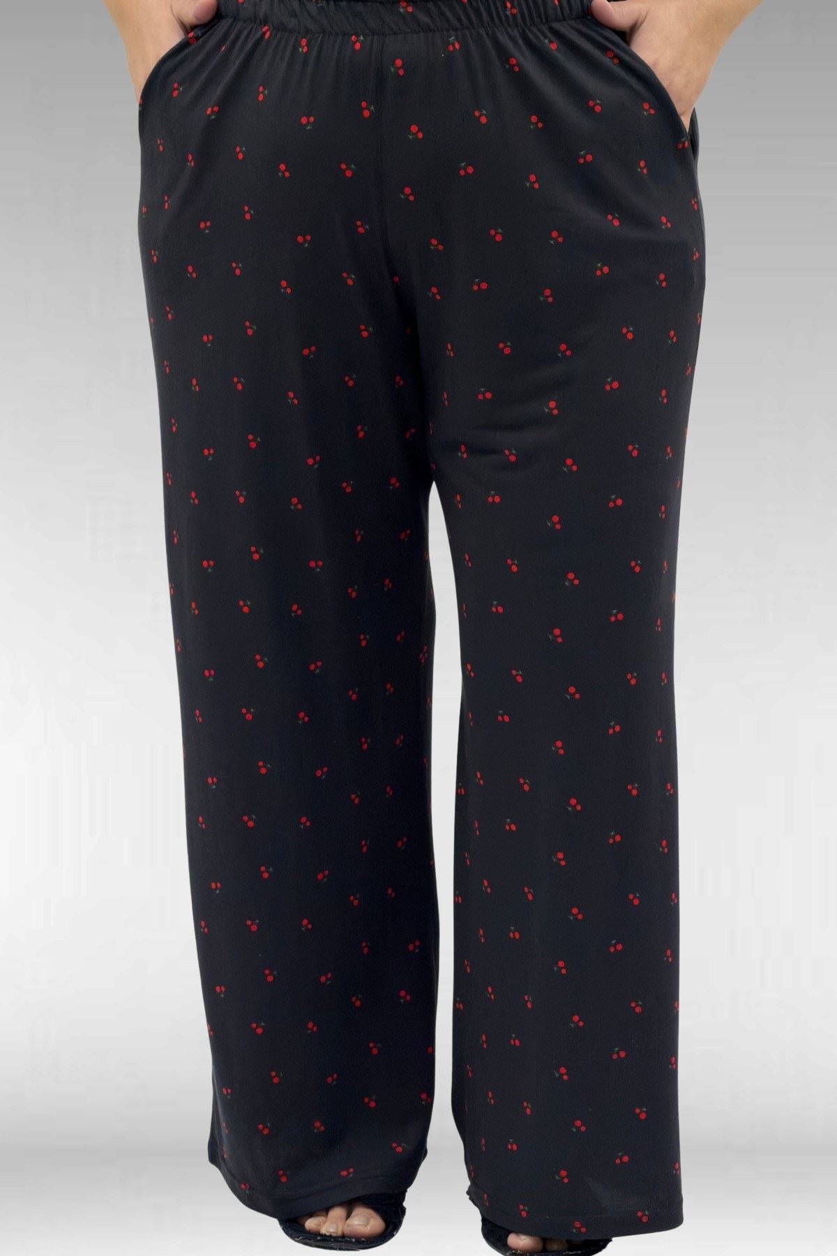 67801 Büyük Beden Kısakol Desenli  Pijama Takımı - Kiraz Desenli