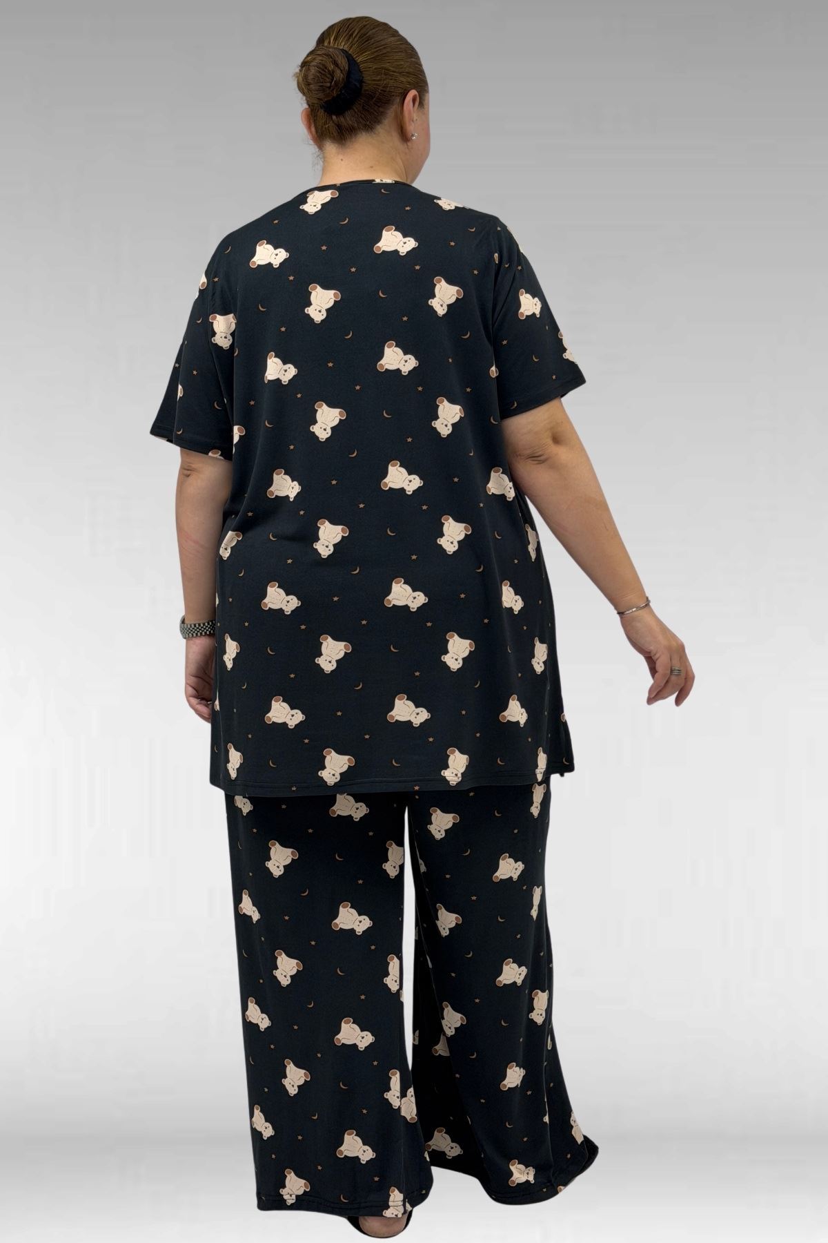 67801 Büyük Beden Kısakol Desenli  Pijama Takımı - Ayıcık Desenli