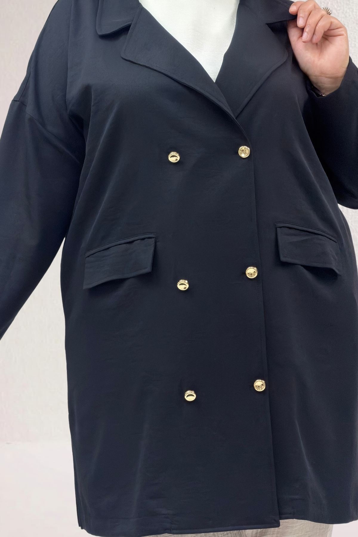 63015 Büyük Beden Mostralı Keten Blazer Ceket - Siyah
