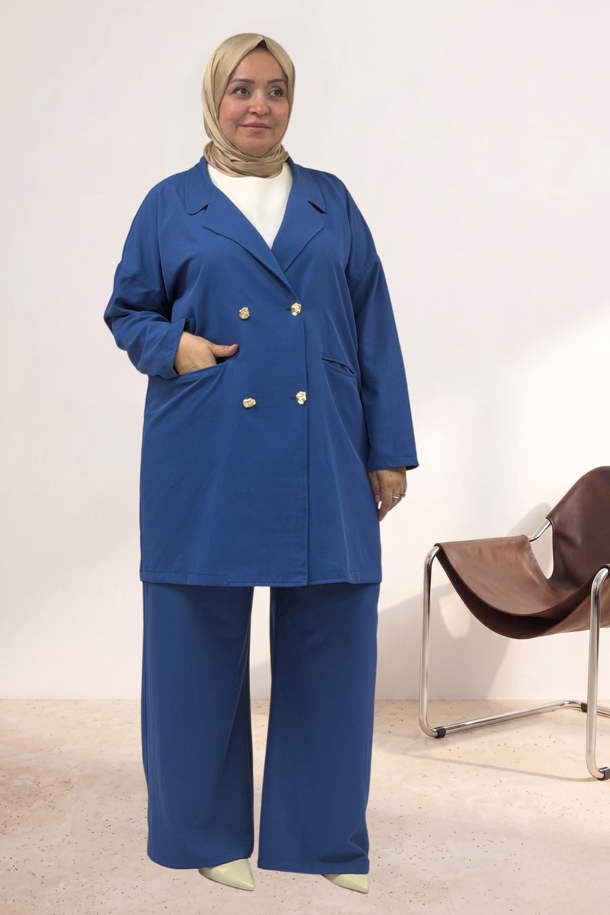 67056 Büyük Beden Blazer Ceket - Pantolon Nova Takım - İndigo