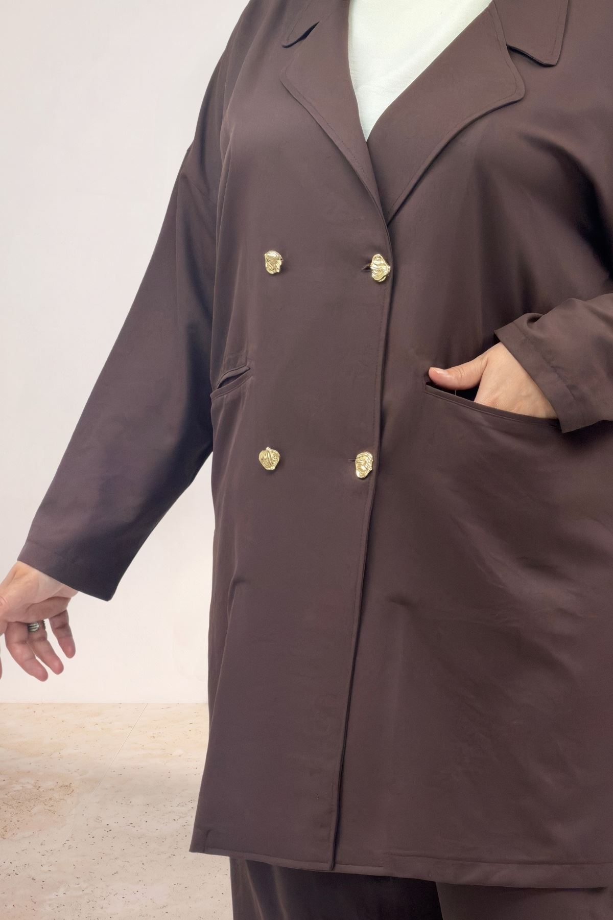 67056 Büyük Beden Blazer Ceket - Pantolon Nova Takım - Kahve