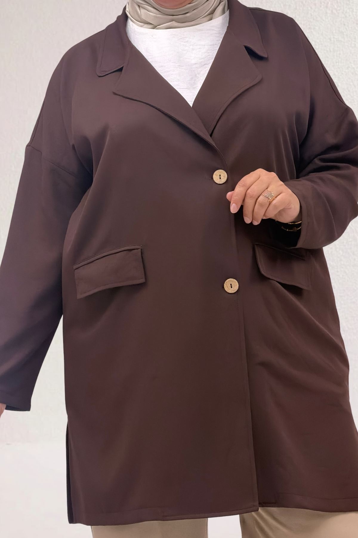 63015-1 Büyük Beden Mostralı Blazer Ceket - Kahve