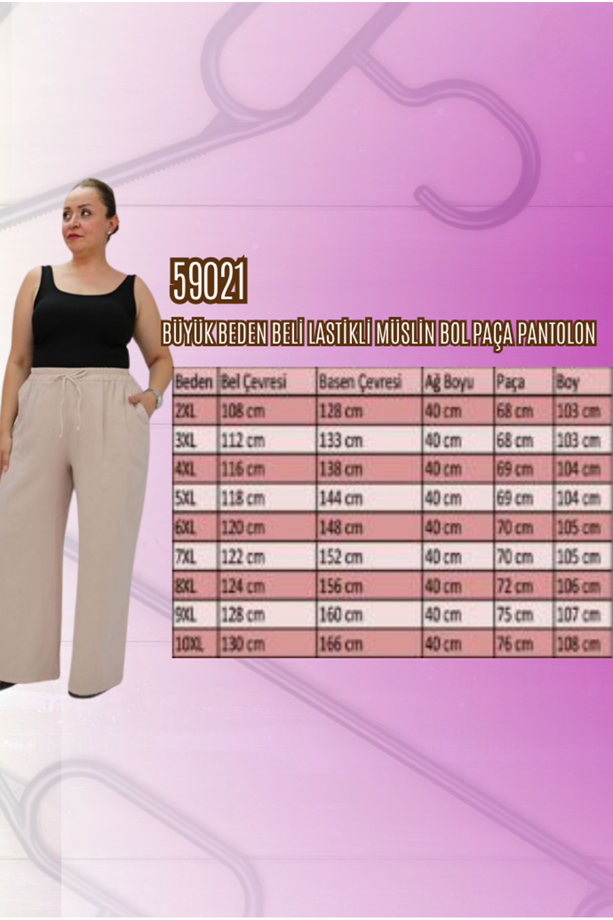 59021 Büyük Beden Beli Lastikli Müslin Bol Paça Pantolon - Açık Mavi