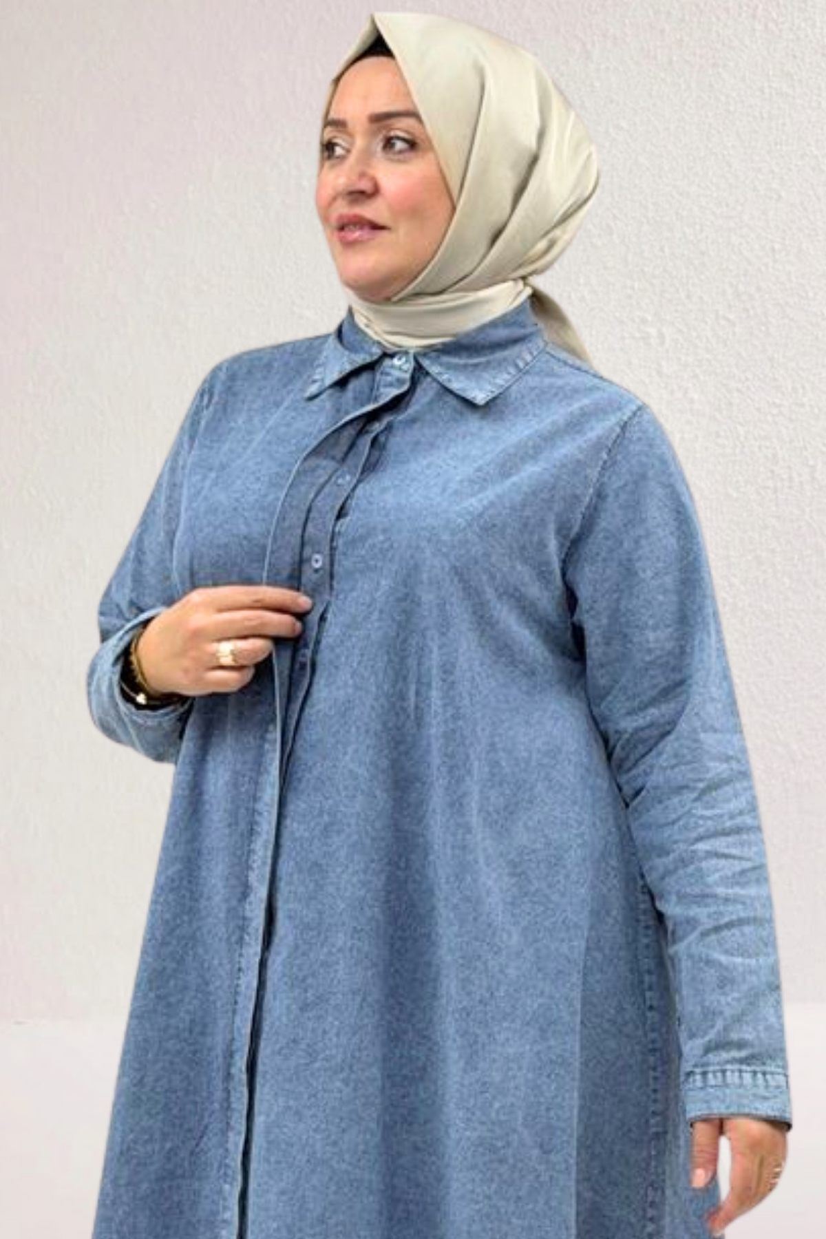 68023 Büyük Beden Mevlana Kesim Tensel Kot Gömlek -  Kar Yıkama Buz Mavi