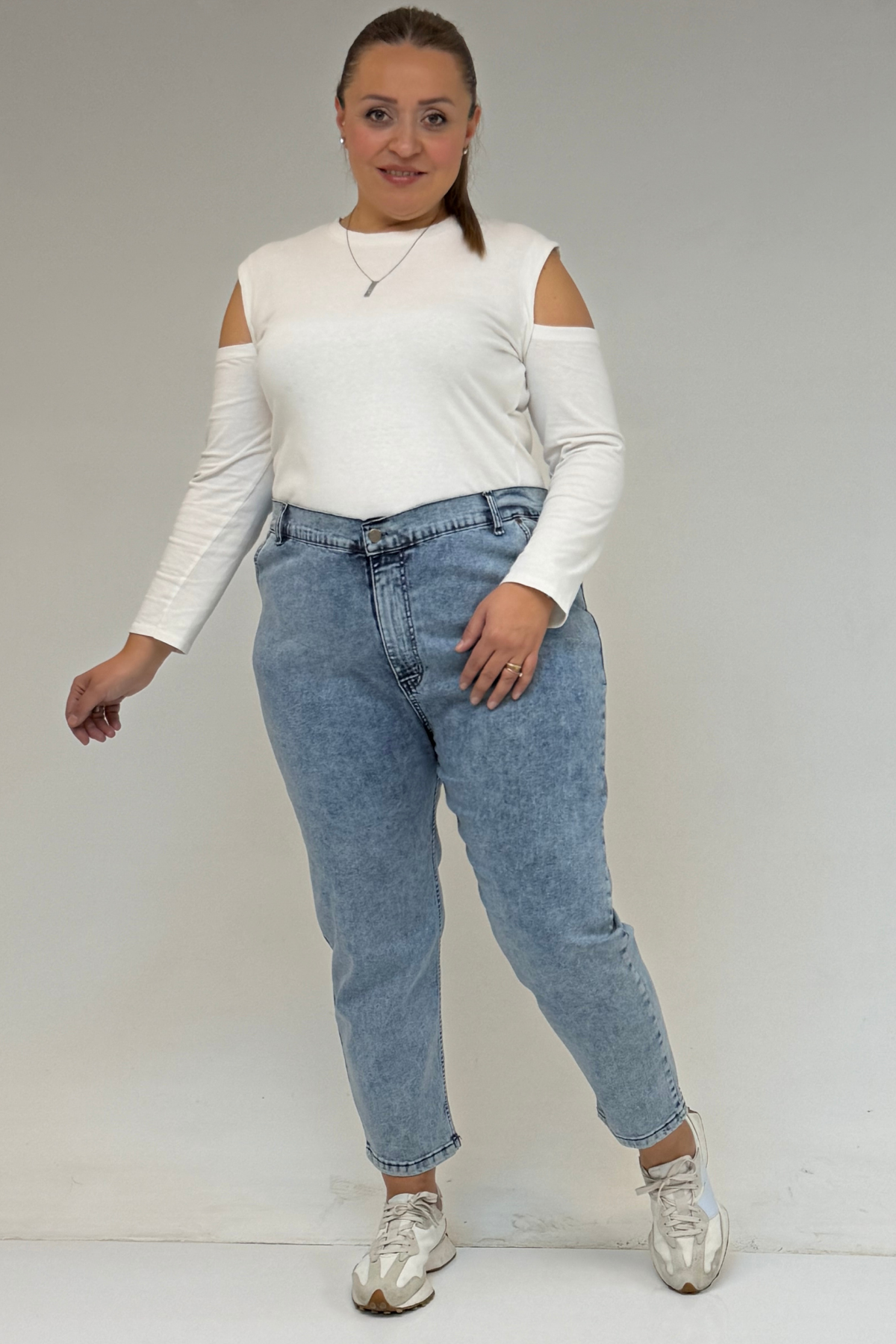 9125-7 Büyük Beden Boy Friend Kot Pantolon - Kar Yıkama Buz Mavi