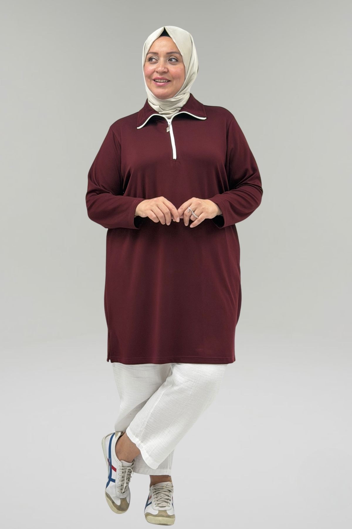 68057 Büyük Beden Yarım Pat Fermuarlı Modal Tunik - Bordo