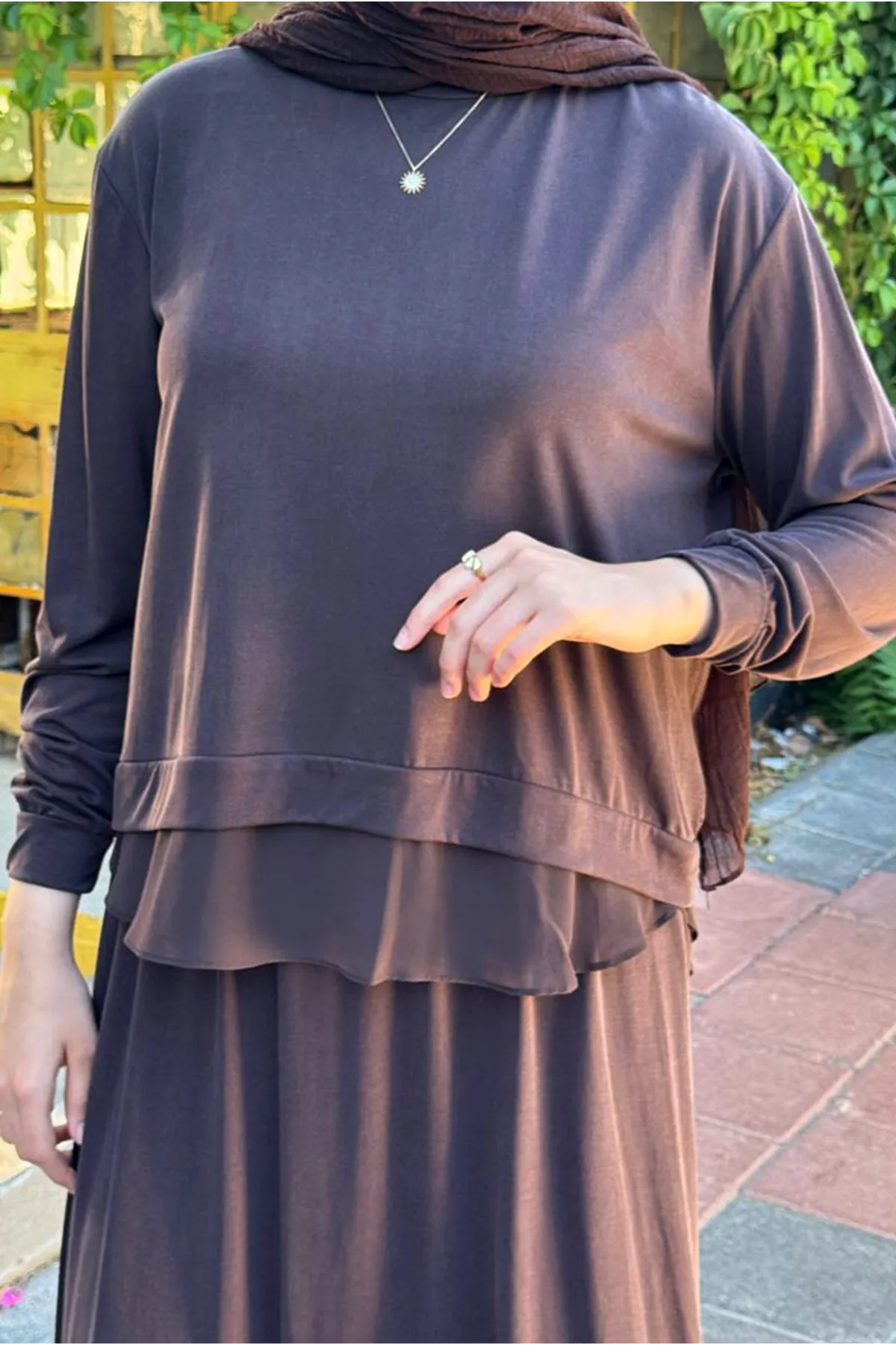 26Y6686 - KAHVE - TÜL DETAY BAMBU ETEKLİ TAKIM