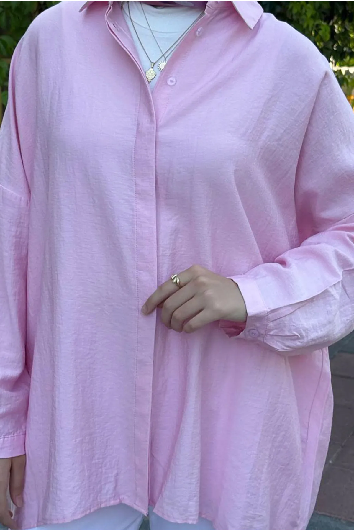 26Y6502 - PEMBE -  İPEK MODAL OVERSİZE GÖMLEK 