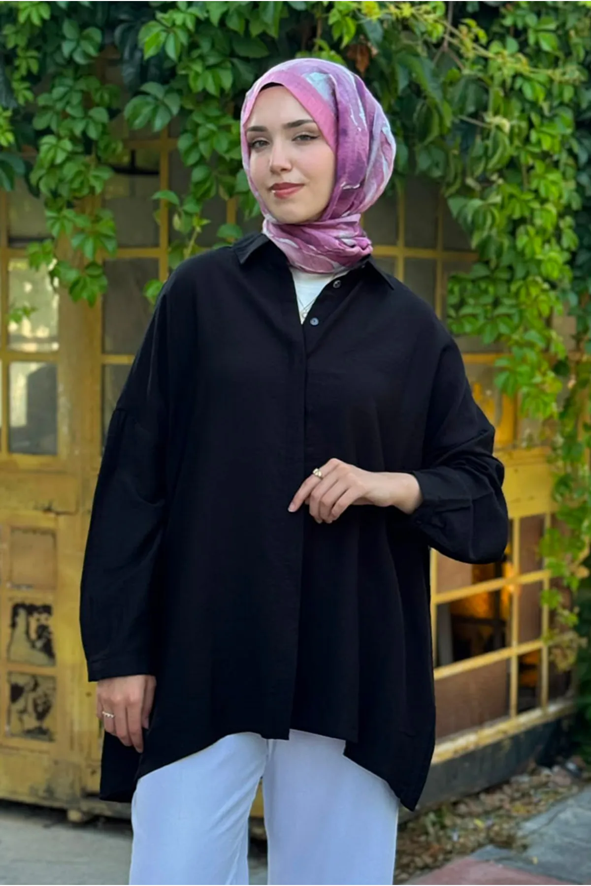 26Y6502 - SİYAH  -  İPEK MODAL OVERSİZE GÖMLEK 