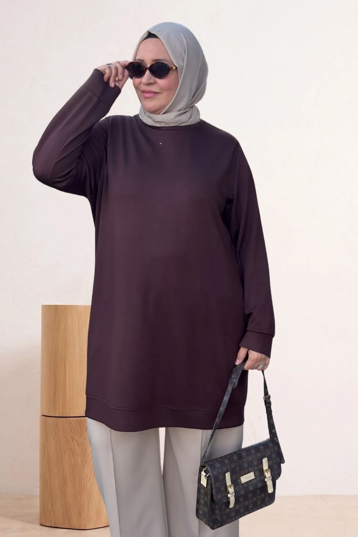 68052 Büyük Beden Kendi Kumaşından Ribanalı Modal Tunik - Kahve