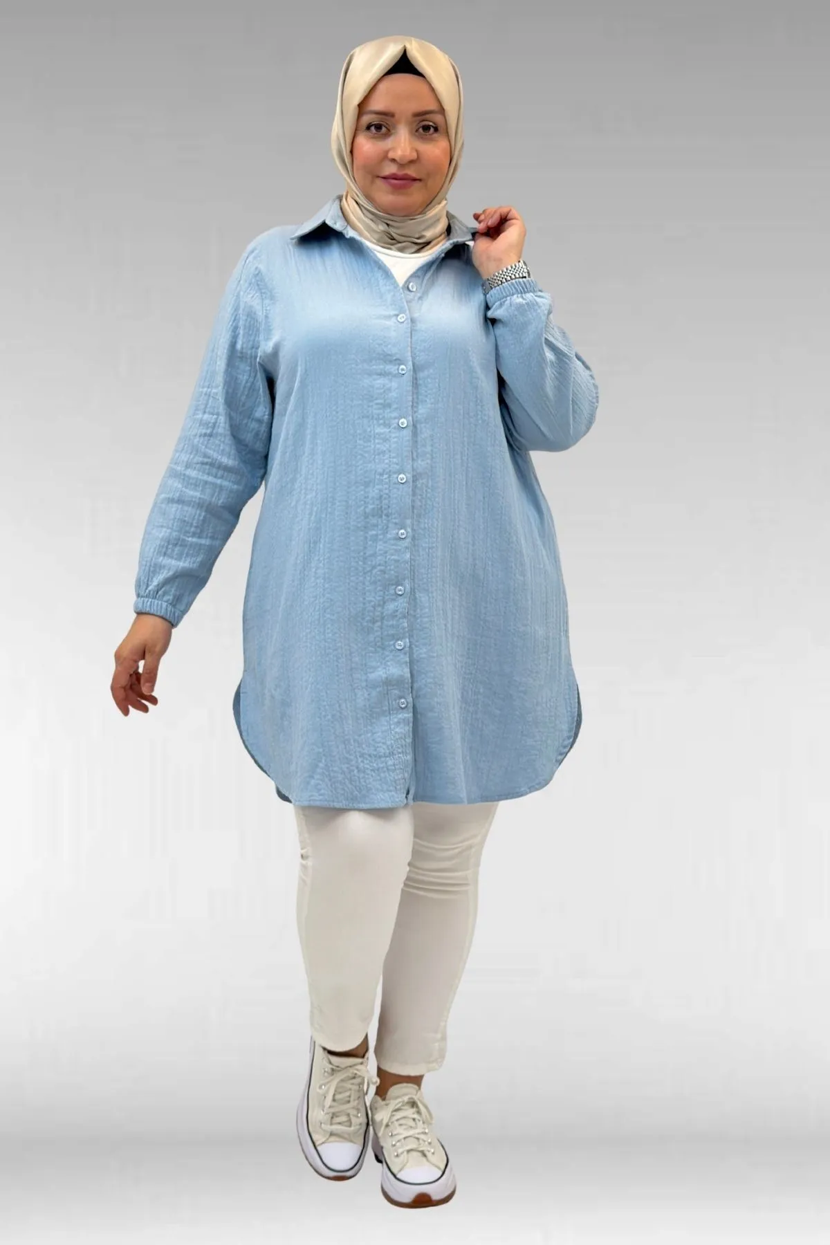 58091 Büyük Beden Kolları Lastikli Müslin Gömlek - Bebe Mavi