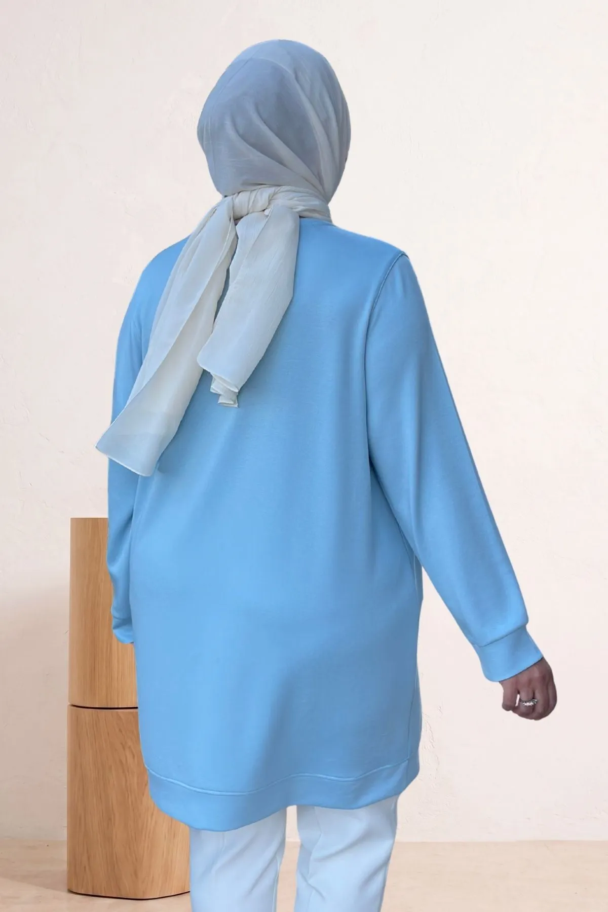 68052 Büyük Beden Kendi Kumaşından Ribanalı Modal Tunik - Bebe Mavi