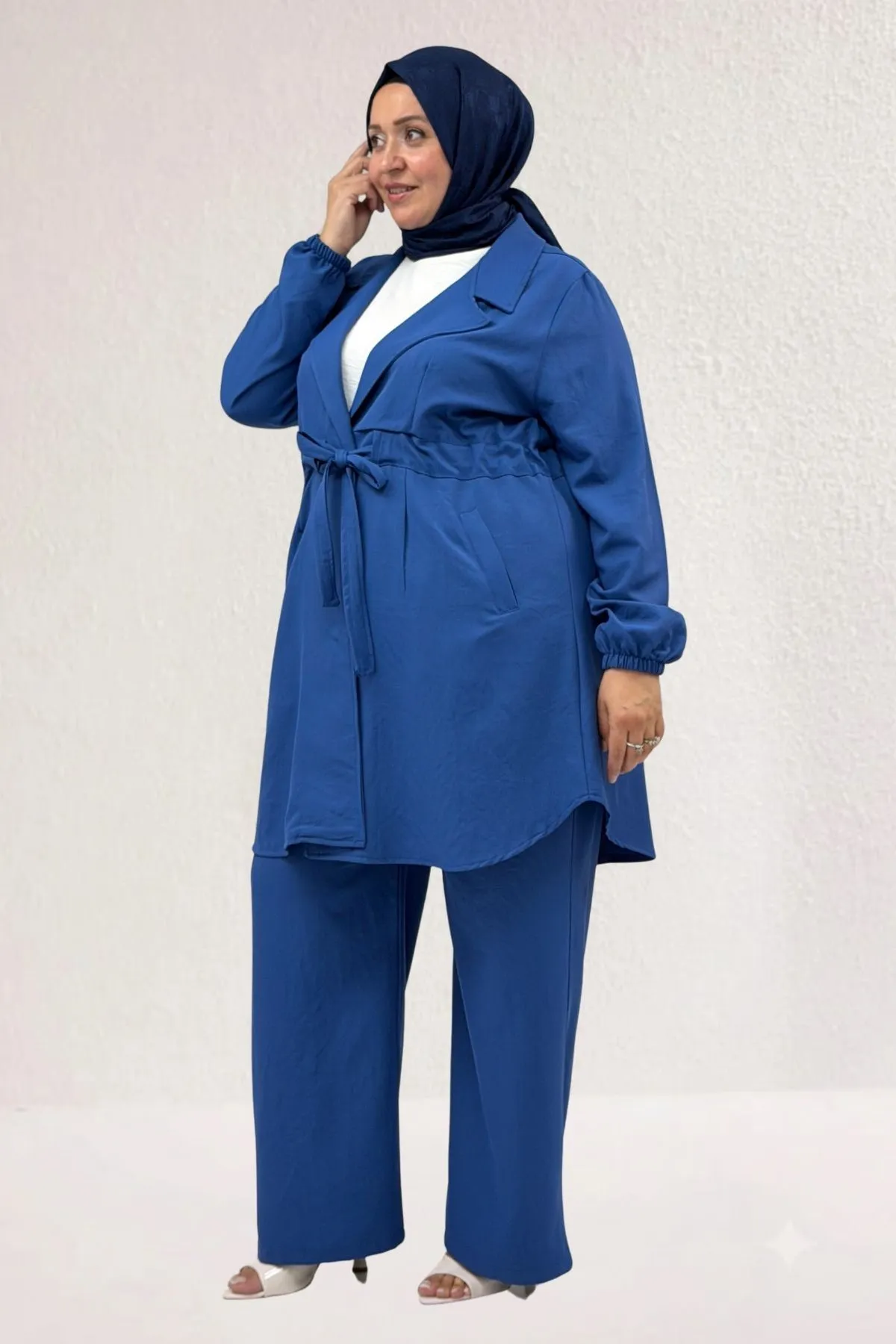 67019 Büyük Beden Beli Bağlamalı Pantolon Ceket Nora Takım - İndigo