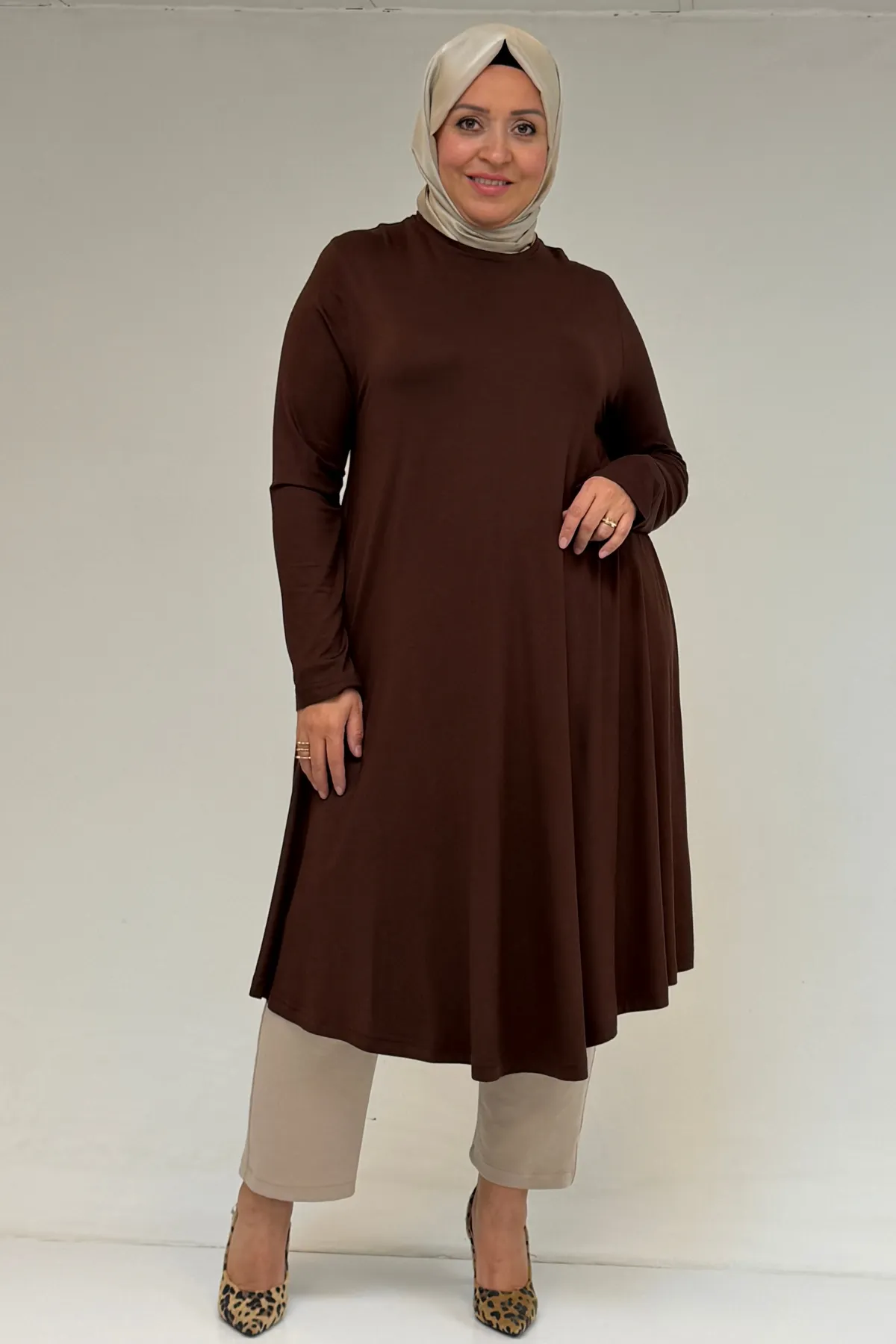 28016 Büyük Beden Mevlana Penye Tunik - Kahve