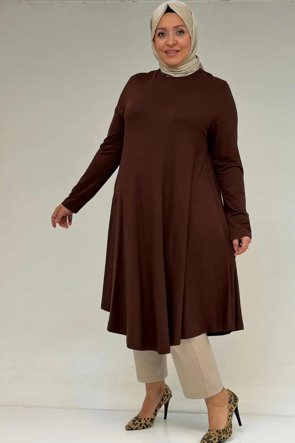 28016 Büyük Beden Mevlana Penye Tunik - Kahve