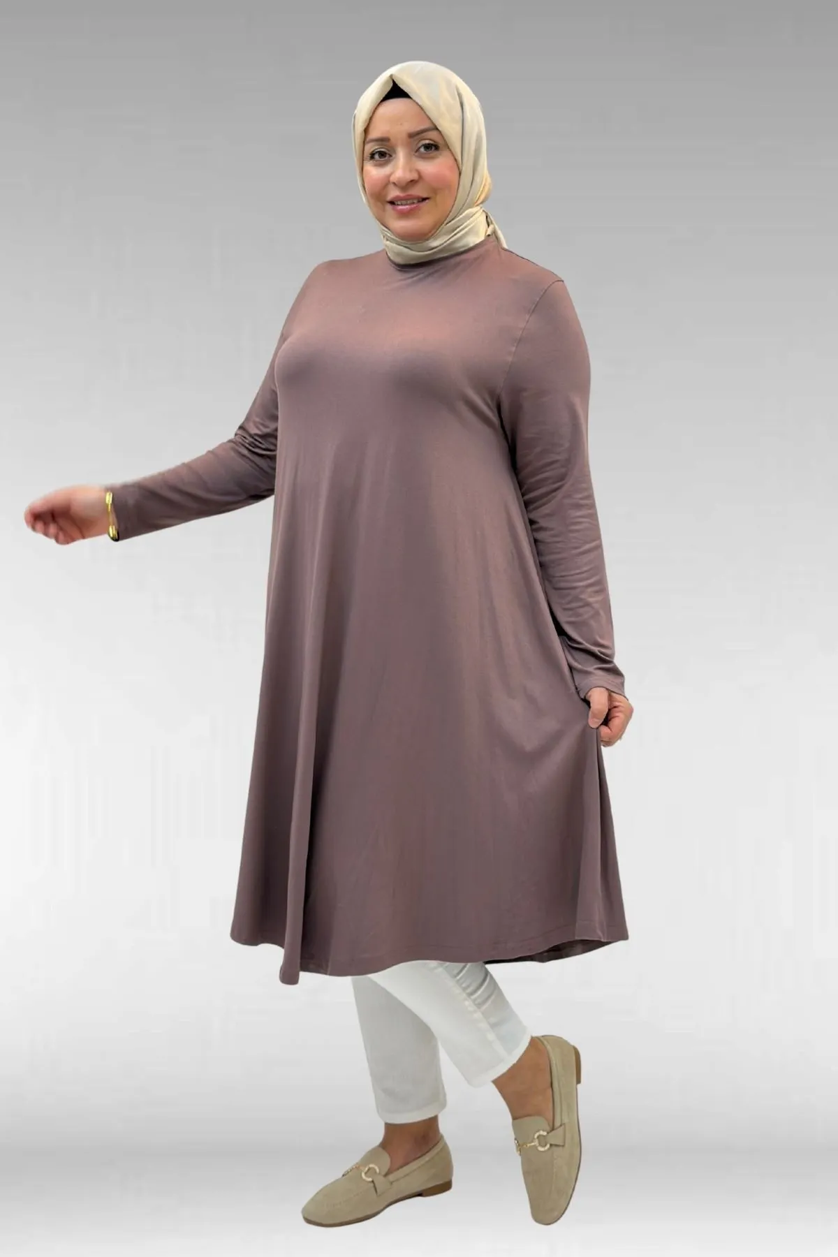 28016 Büyük Beden Mevlana Penye Tunik - Vizon